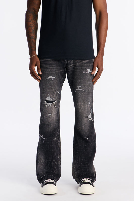 Stacked Skinny Flare Bleach Croc Jean - Black Wash Fashion Nova