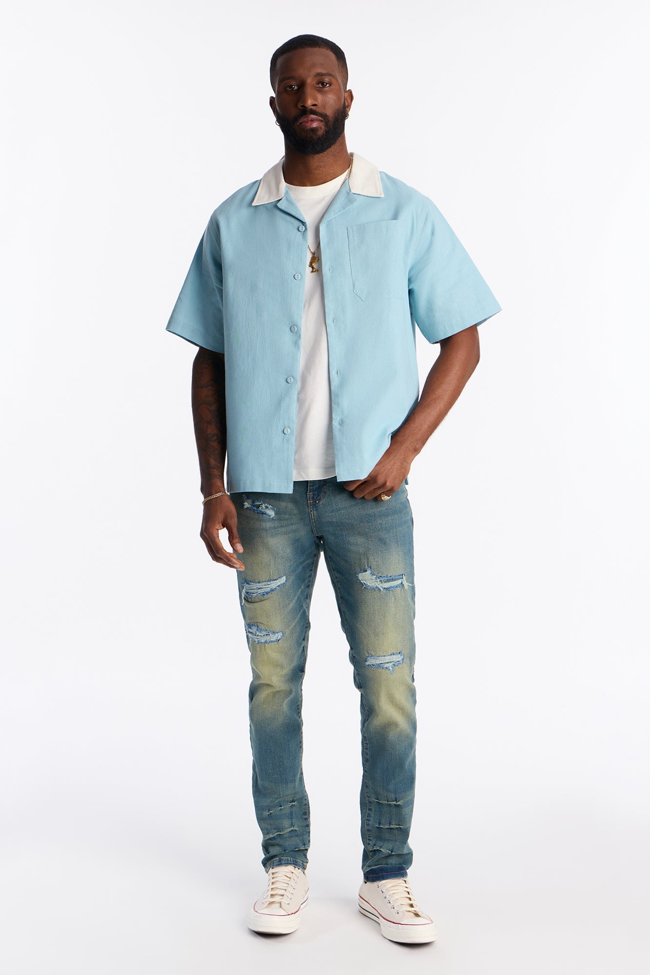 Panel Trim Button Up Shirt - Blue Fashion Nova
