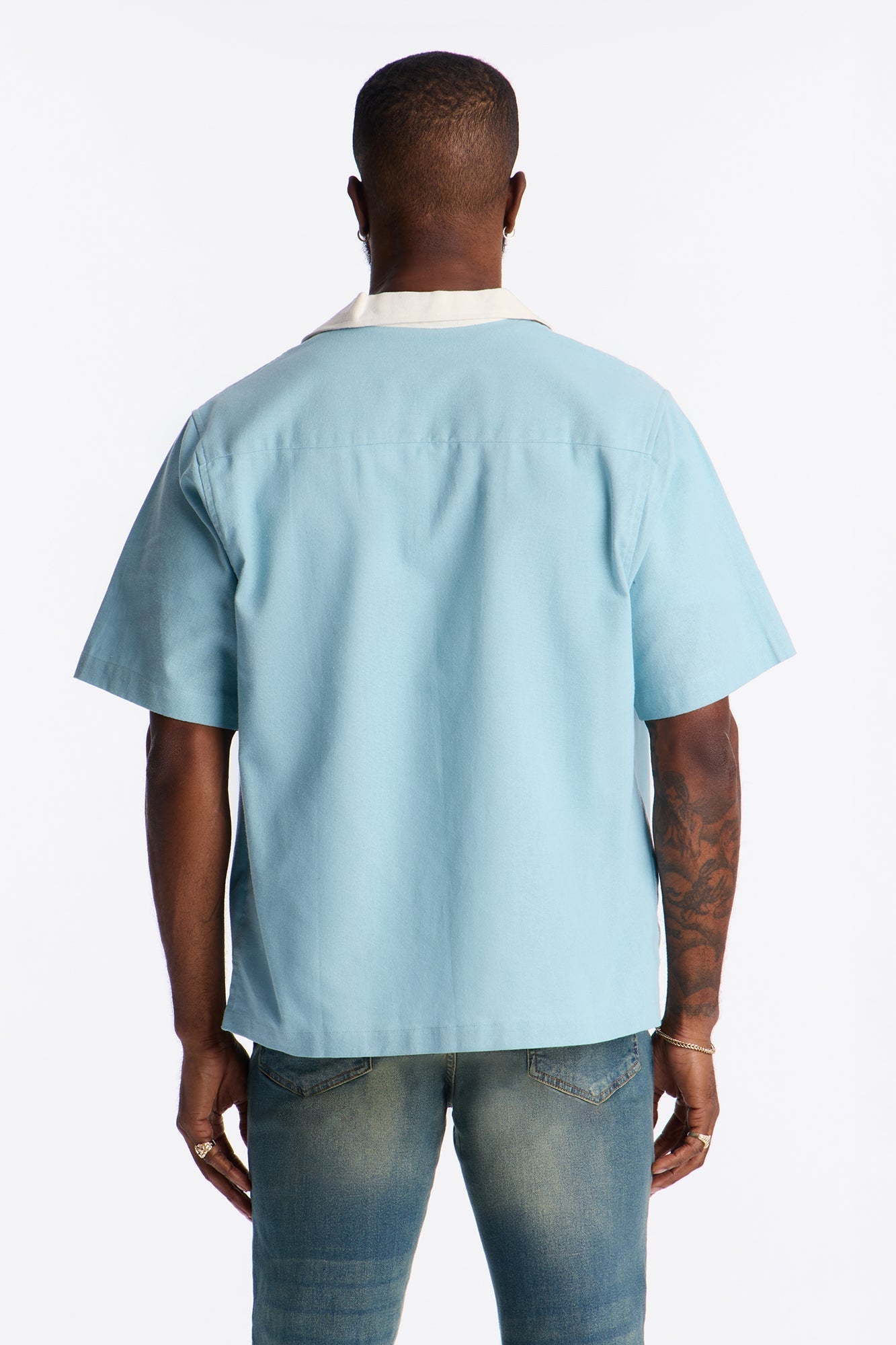 Panel Trim Button Up Shirt - Blue Fashion Nova