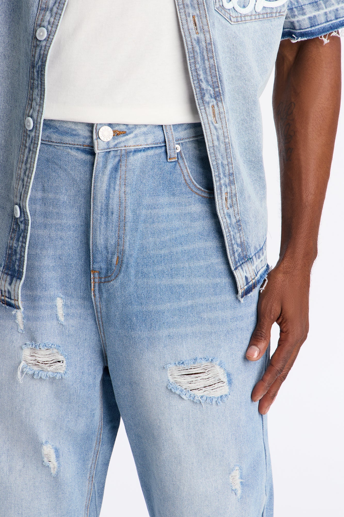 Baggy Coastal Applique Jean - Light Blue Wash Fashion Nova
