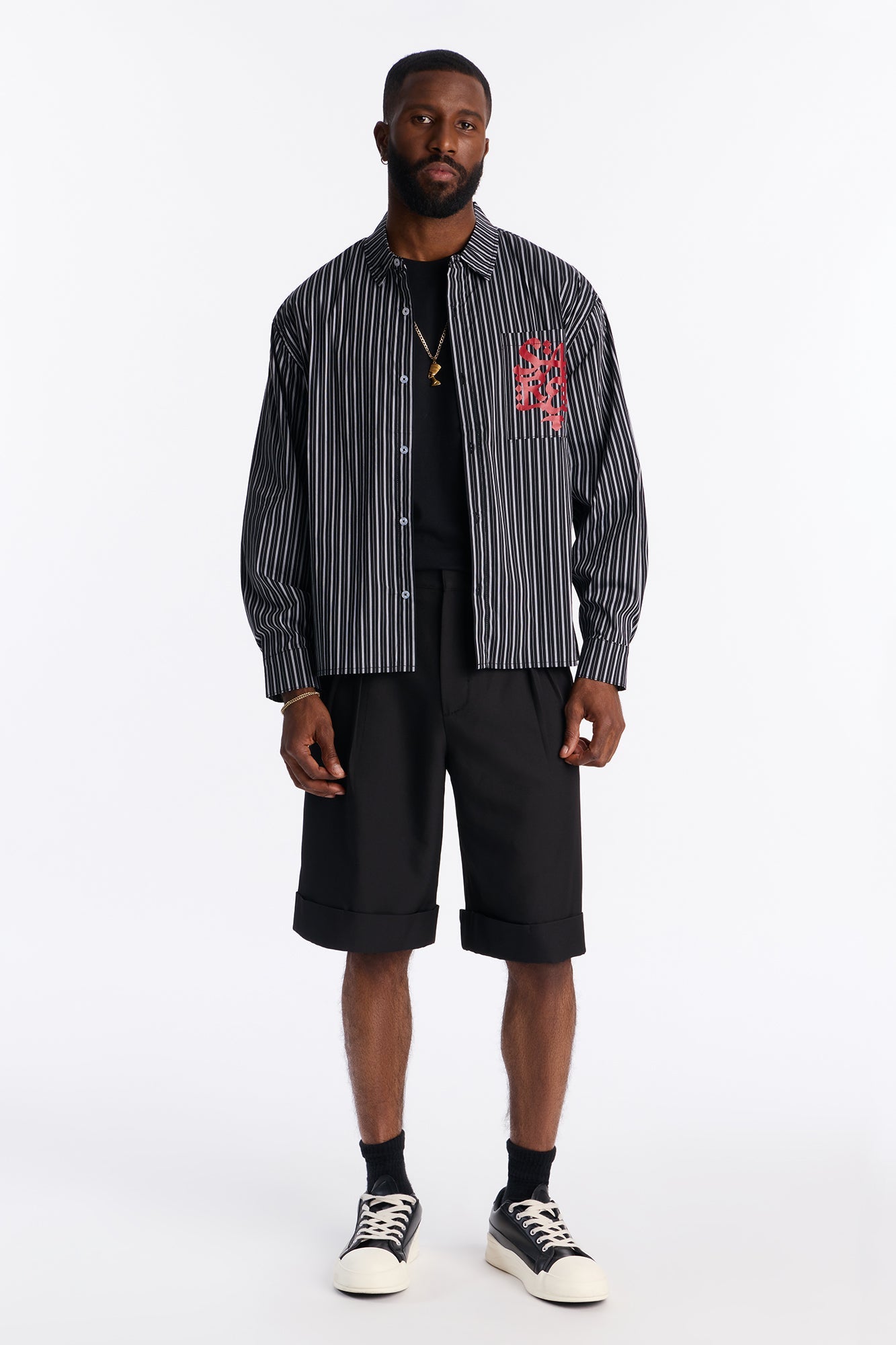 Santos Striped Button Up Shirt - Black/combo Fashion Nova