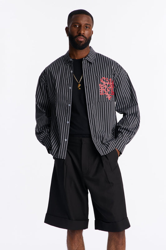 Santos Striped Button Up Shirt - Black/combo Fashion Nova