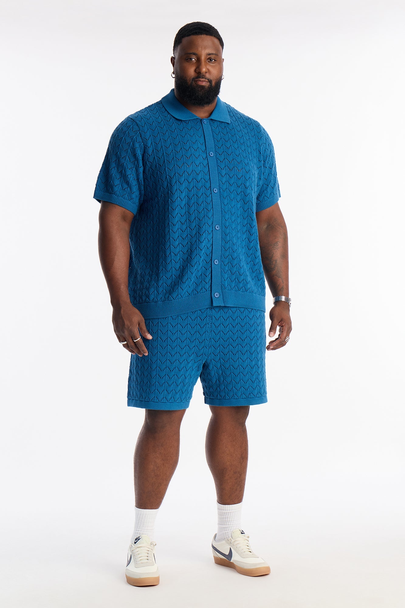 Waterfall Texture Open Knit Shorts - Slate Blue Fashion Nova