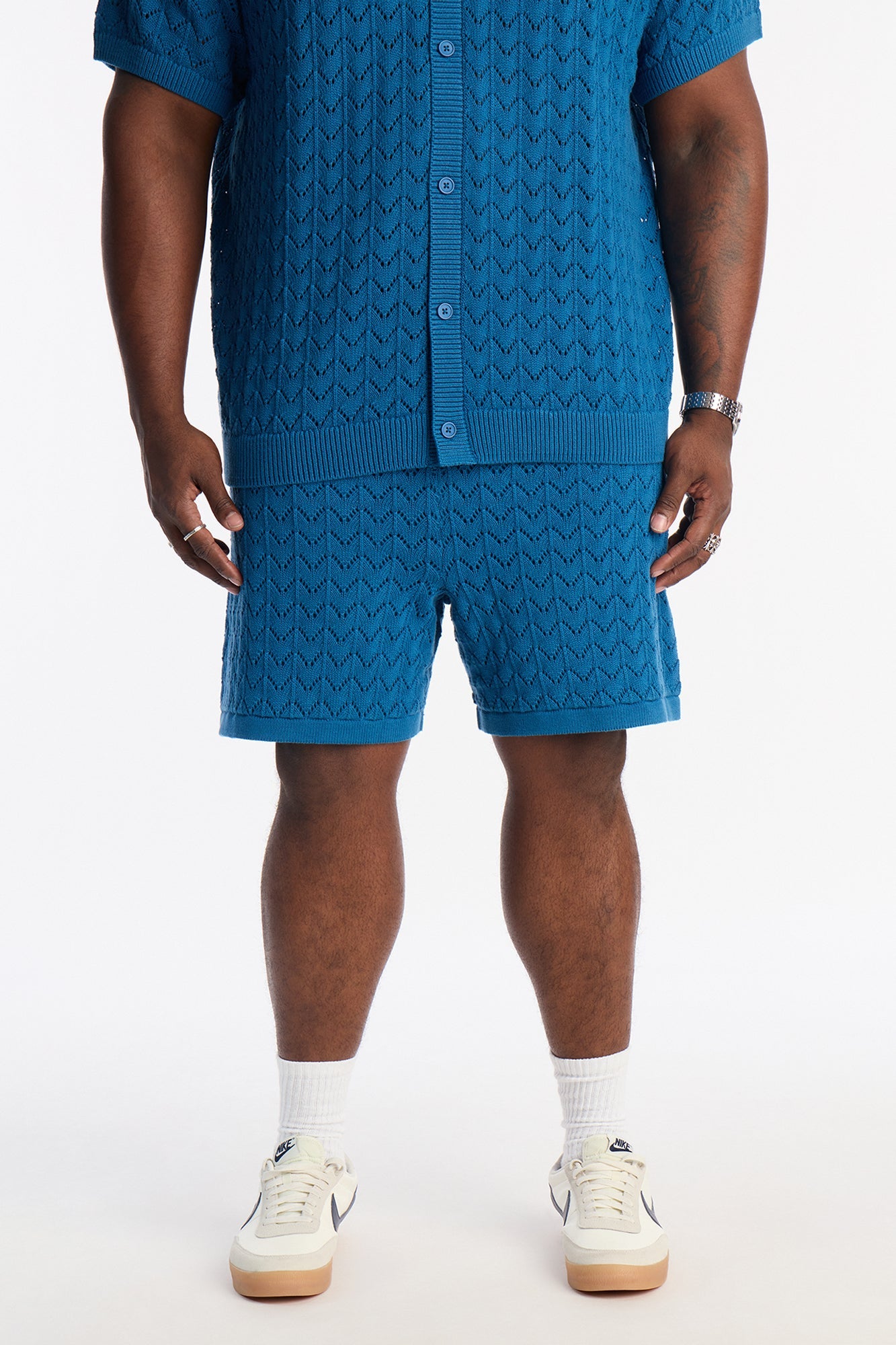 Waterfall Texture Open Knit Shorts - Slate Blue Fashion Nova