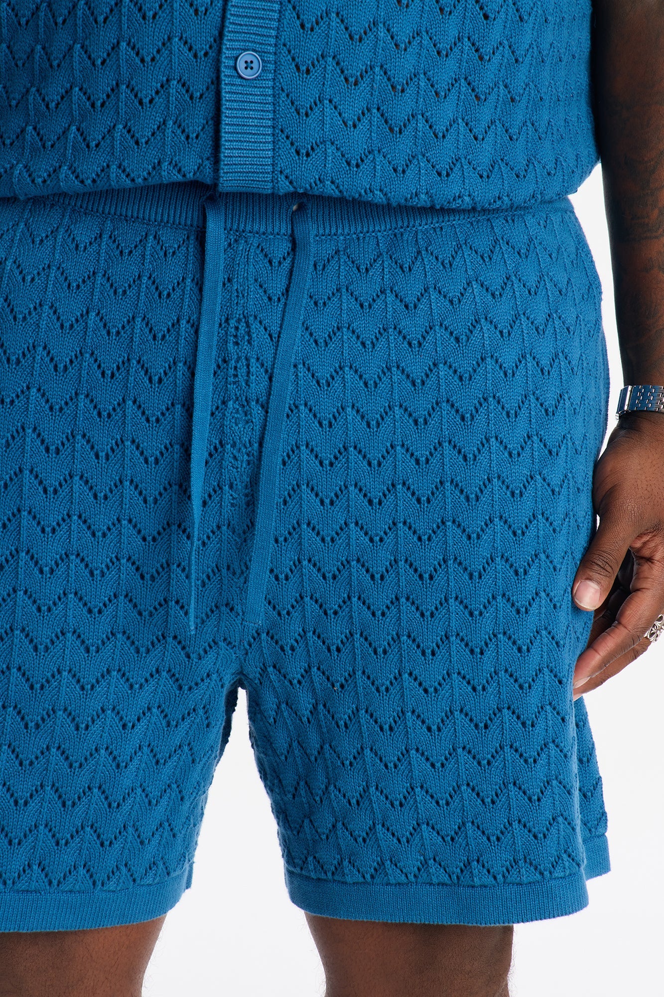 Waterfall Texture Open Knit Shorts - Slate Blue Fashion Nova