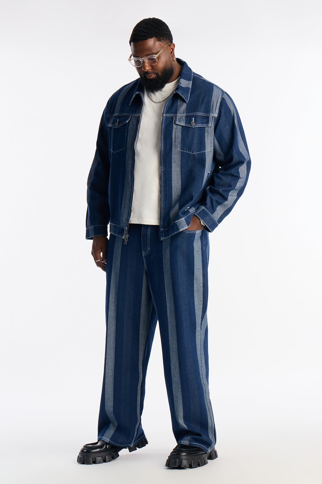 Two Tone Stripe Denim Work Jacket - Dark Wash Fashion Nova