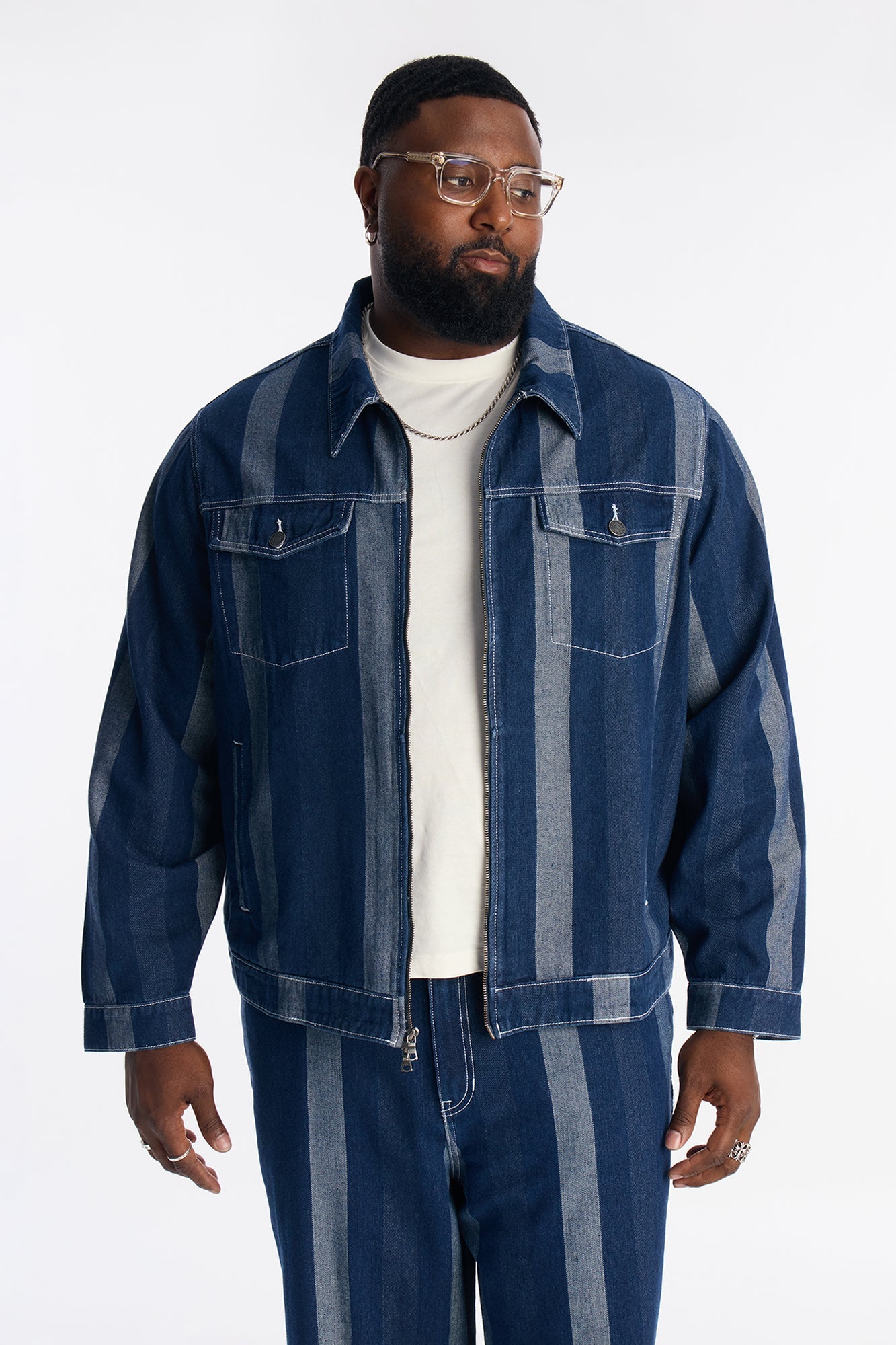 Two Tone Stripe Denim Work Jacket - Dark Wash Fashion Nova