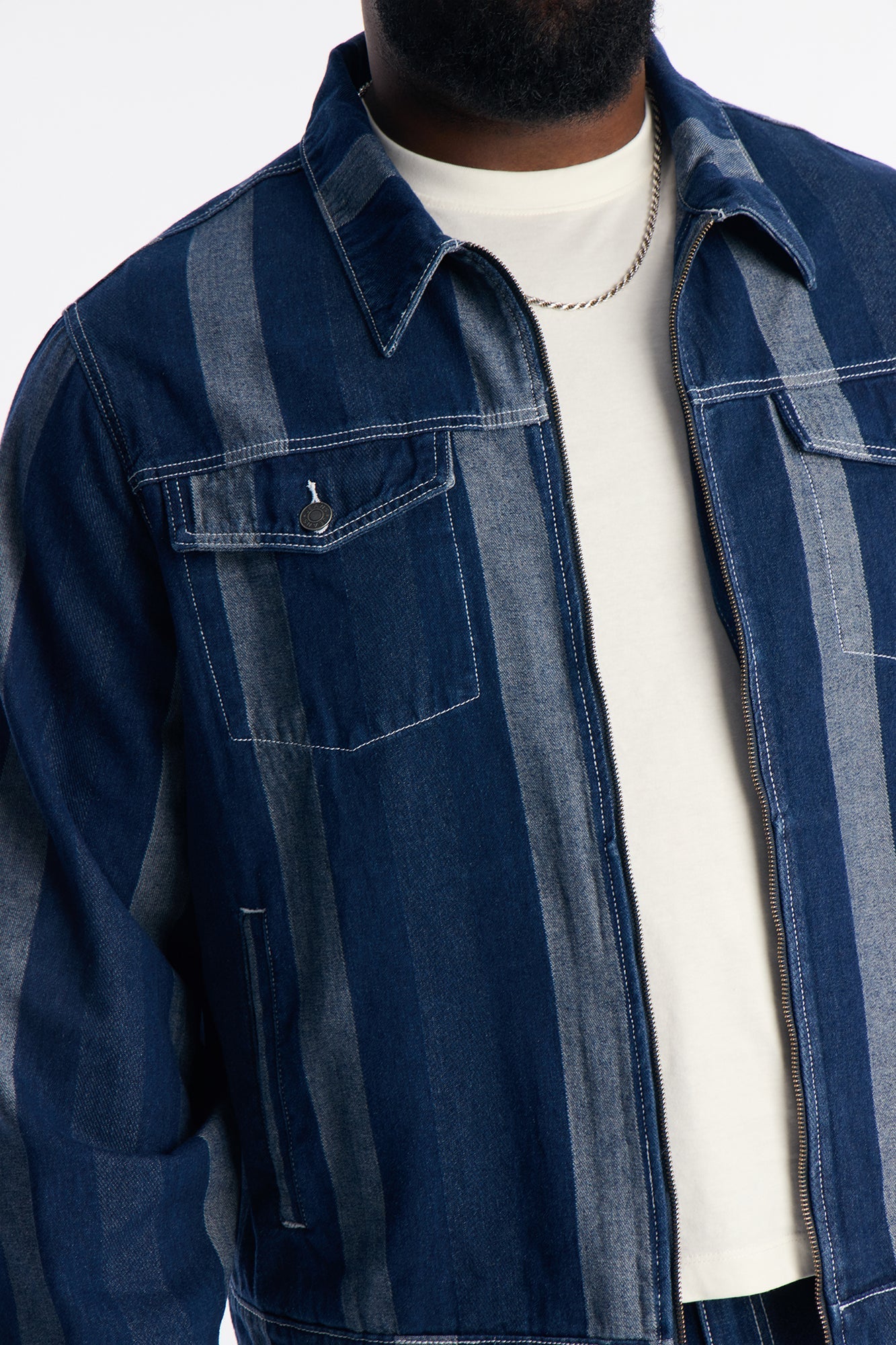 Two Tone Stripe Denim Work Jacket - Dark Wash Fashion Nova