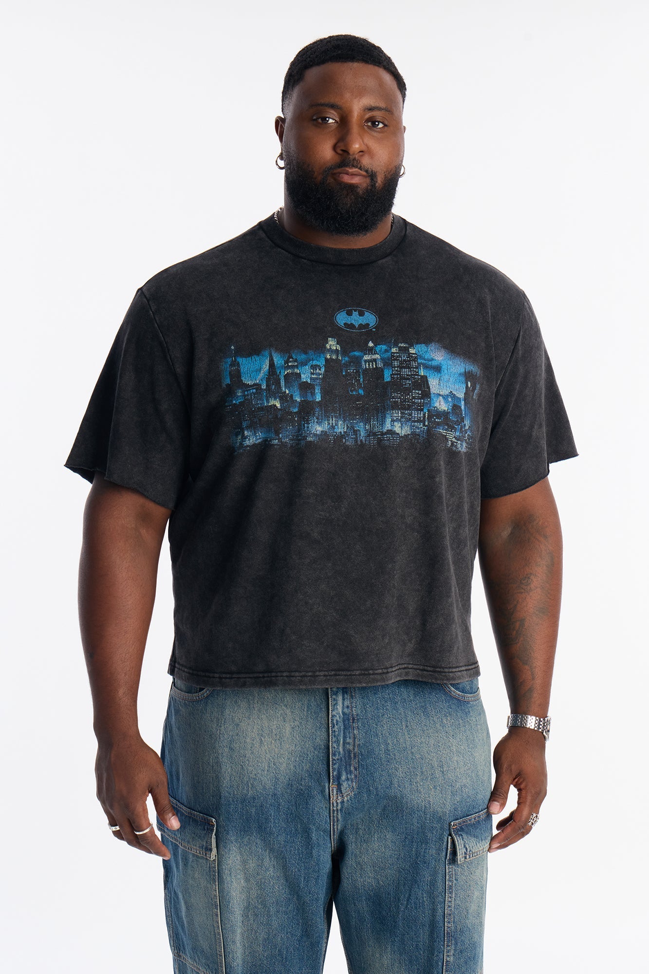 Oversized Batman Over Gotham Short Sleeve Fleece Tee - Black Wash Fashion Nova