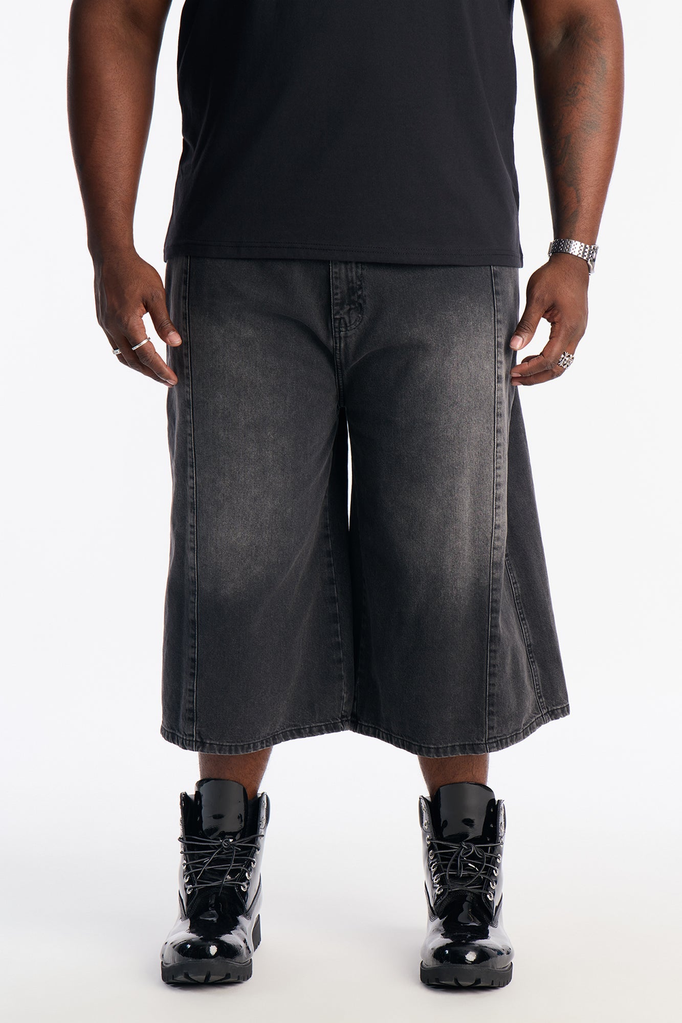 Super Baggy Paneled Down Denim Short - Black Wash Fashion Nova