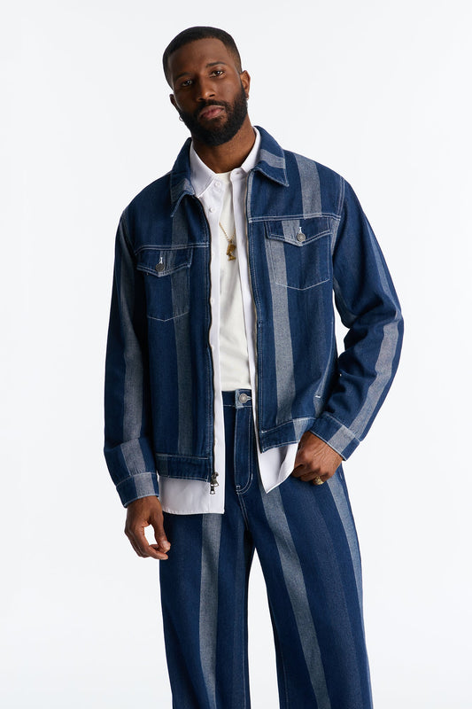 Two Tone Stripe Denim Work Jacket - Dark Wash Fashion Nova
