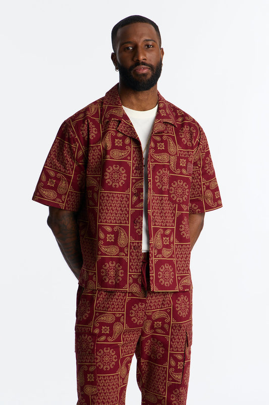 Clinton Hill Mosaic Button Up Shirt - Burgundy Fashion Nova