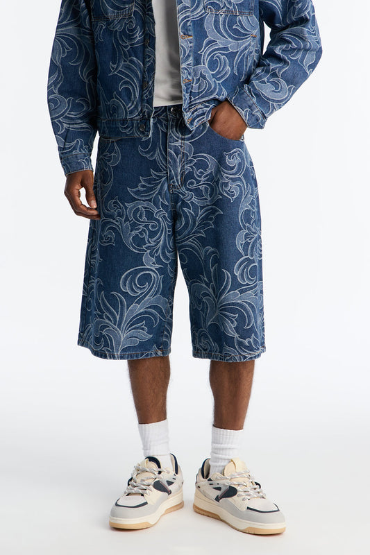 Baggy Baroque Jacquard Denim Shorts - Medium Blue Wash Fashion Nova