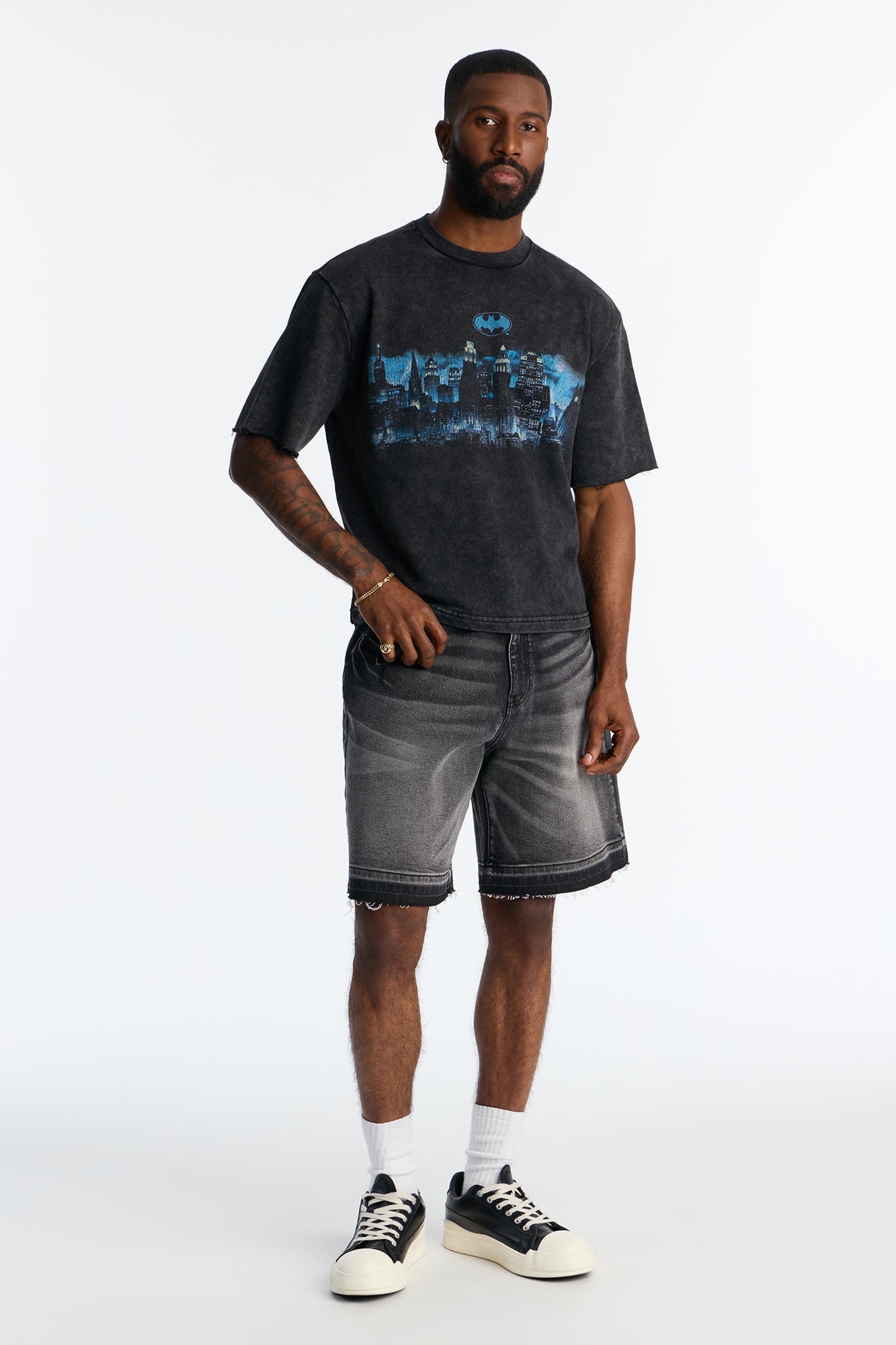 Oversized Batman Over Gotham Short Sleeve Fleece Tee - Black Wash Fashion Nova