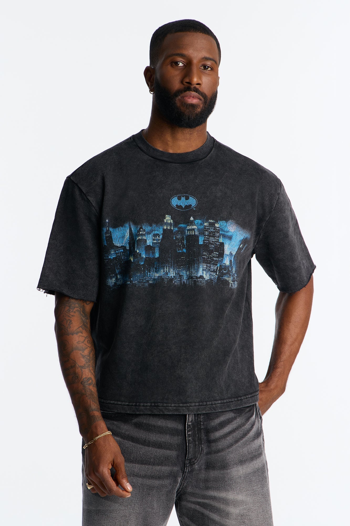 Oversized Batman Over Gotham Short Sleeve Fleece Tee - Black Wash Fashion Nova