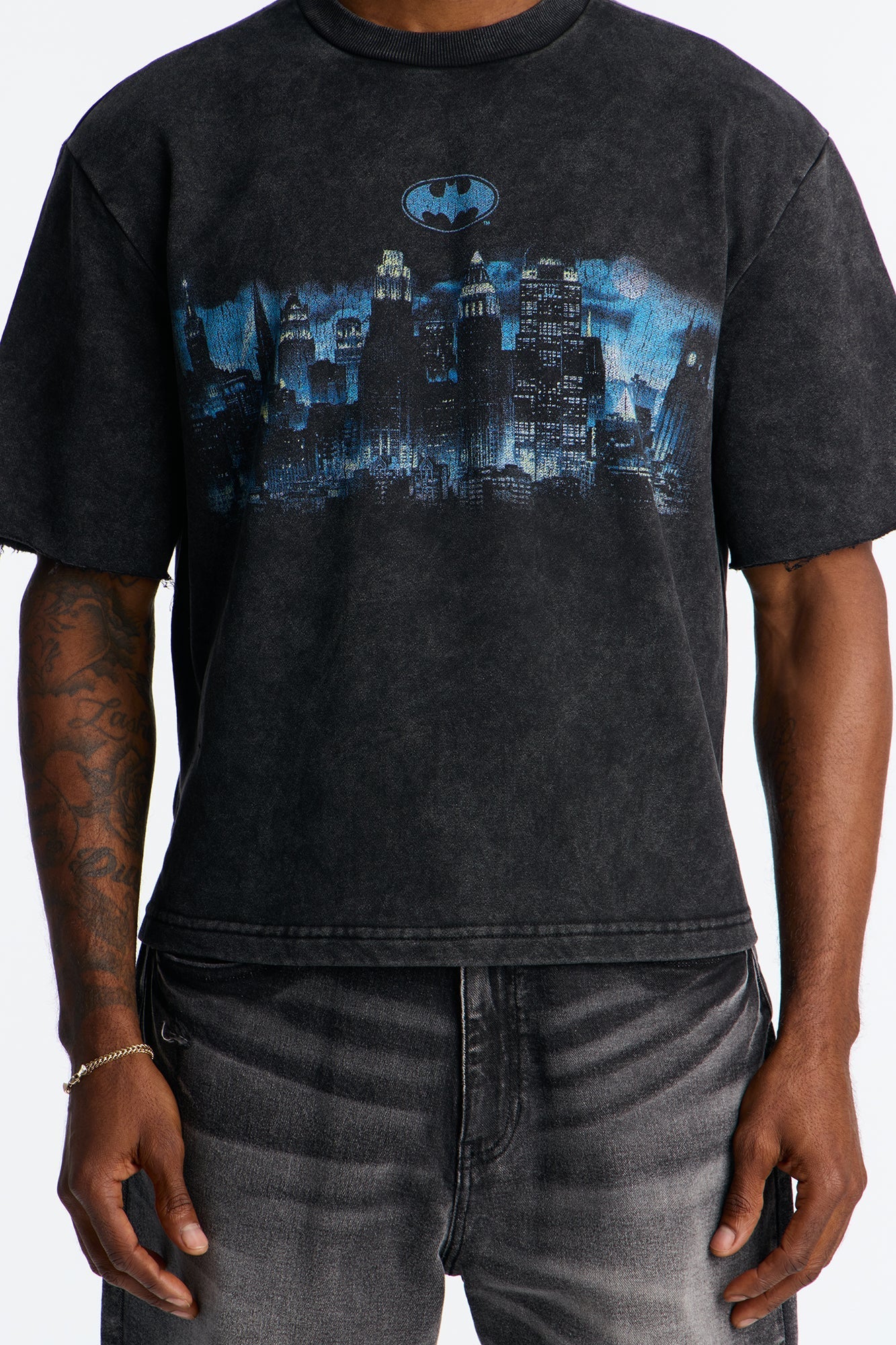Oversized Batman Over Gotham Short Sleeve Fleece Tee - Black Wash Fashion Nova