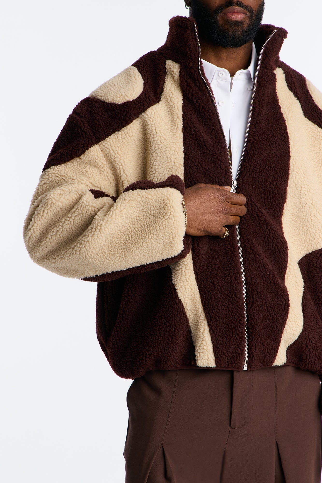 Oversized Sherpa Wave Paneled Zip Jacket - Brown Fashion Nova
