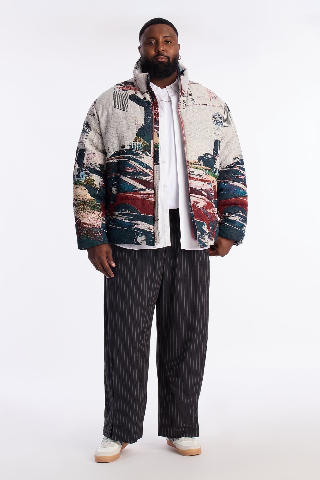 Racing Mind Tapestry Puffer Jacket - Cream Fashion Nova