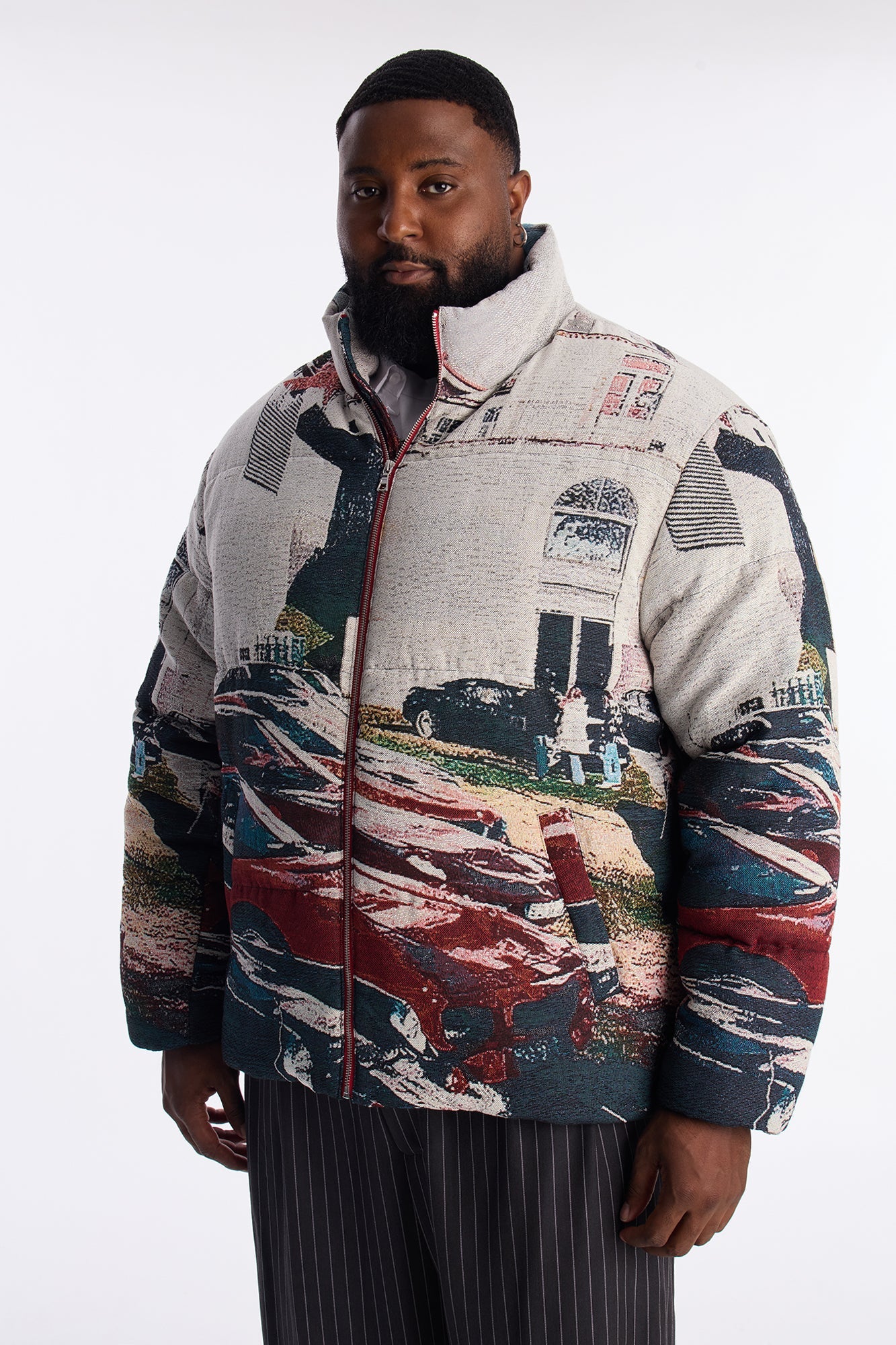 Racing Mind Tapestry Puffer Jacket - Cream Fashion Nova