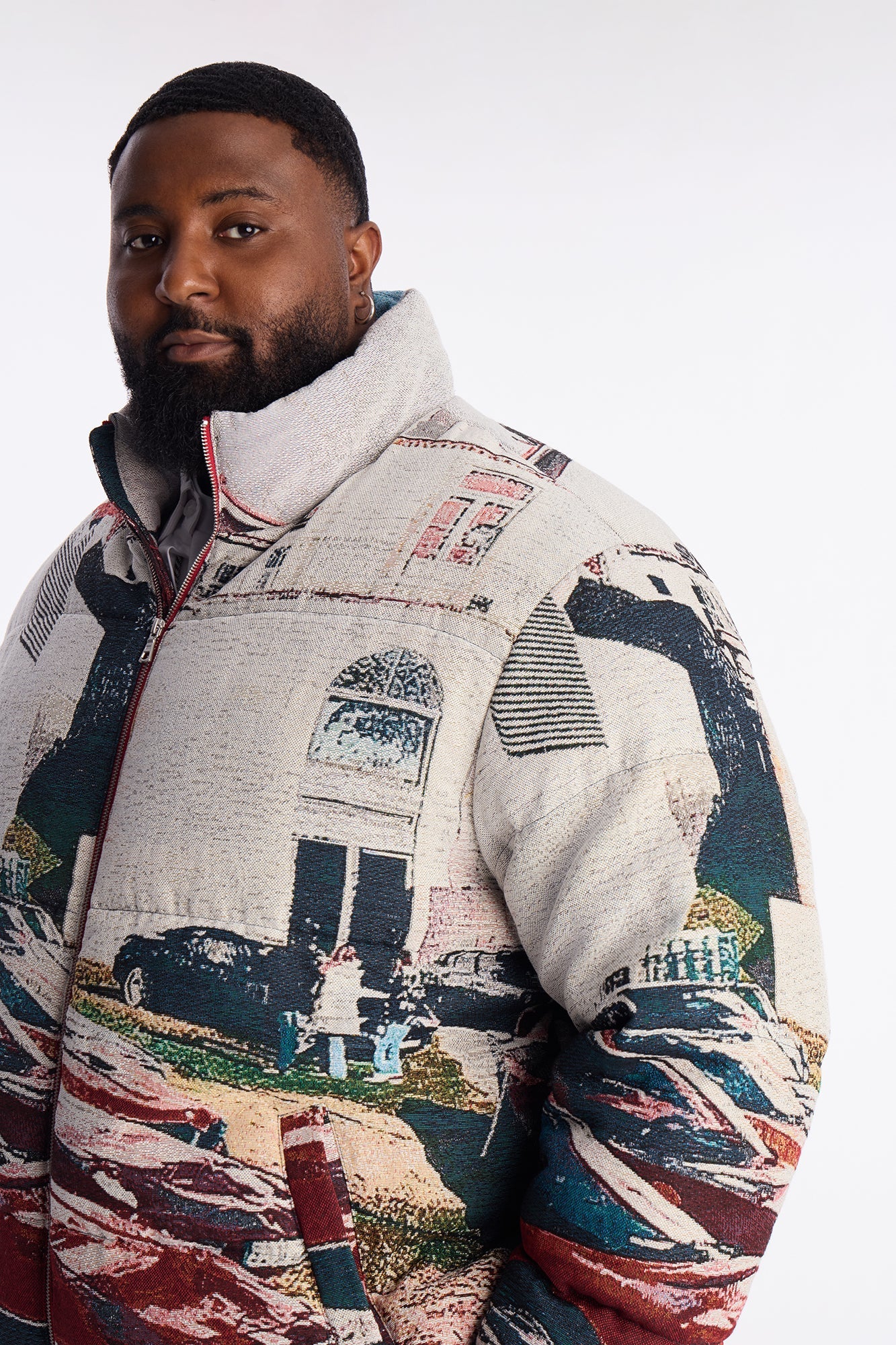 Racing Mind Tapestry Puffer Jacket - Cream Fashion Nova