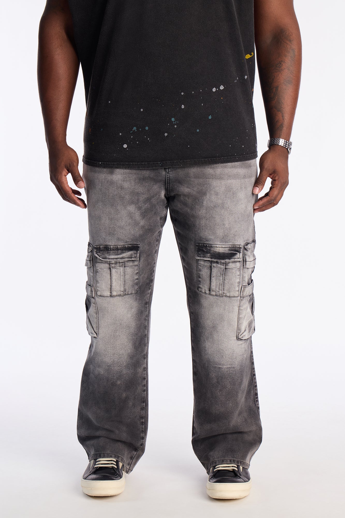 Stacked Slim Flare Enough Cargo Jean - Black Wash Fashion Nova