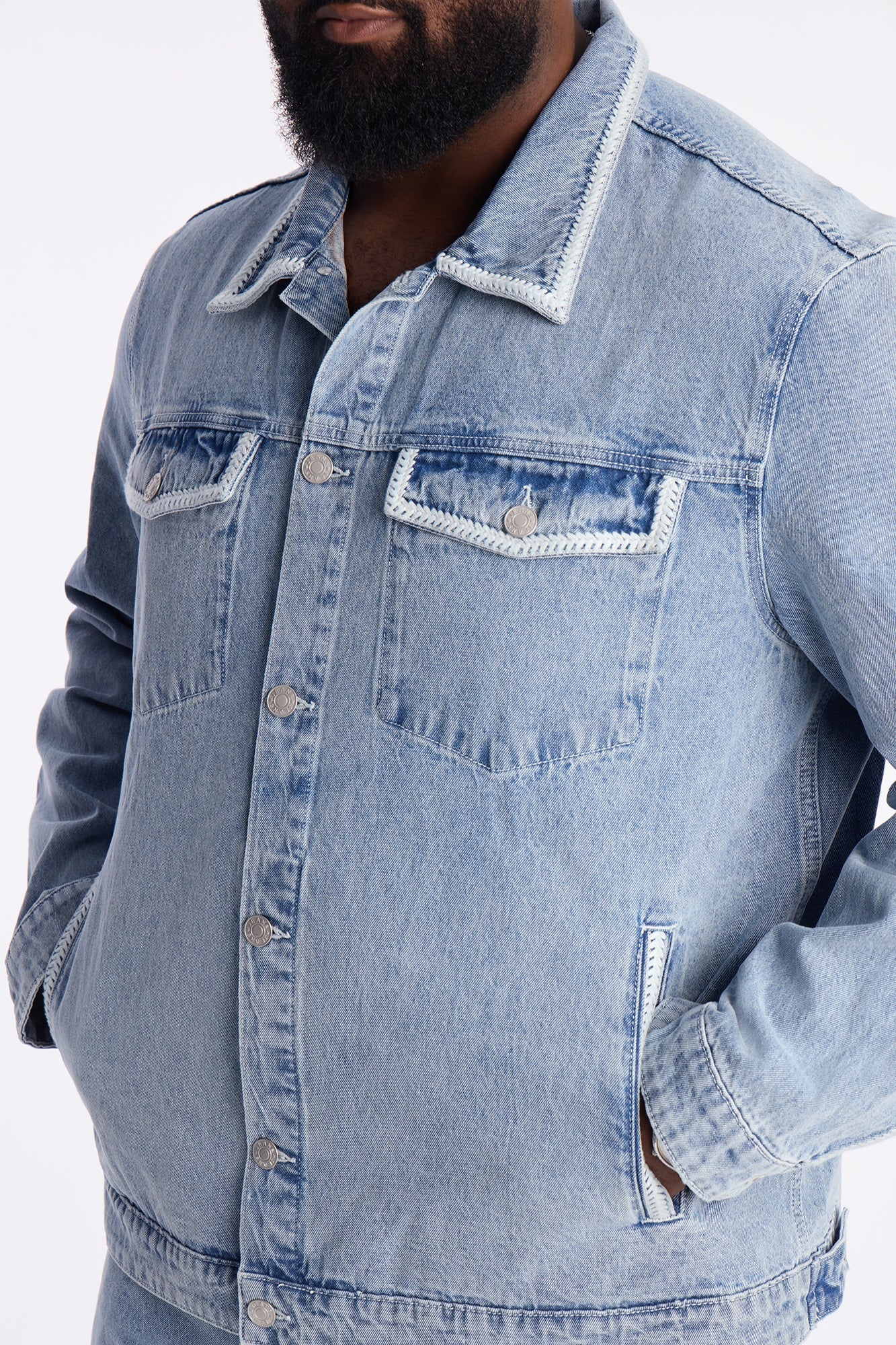Crochet Denim Trucker Jacket - Light Blue Wash Fashion Nova