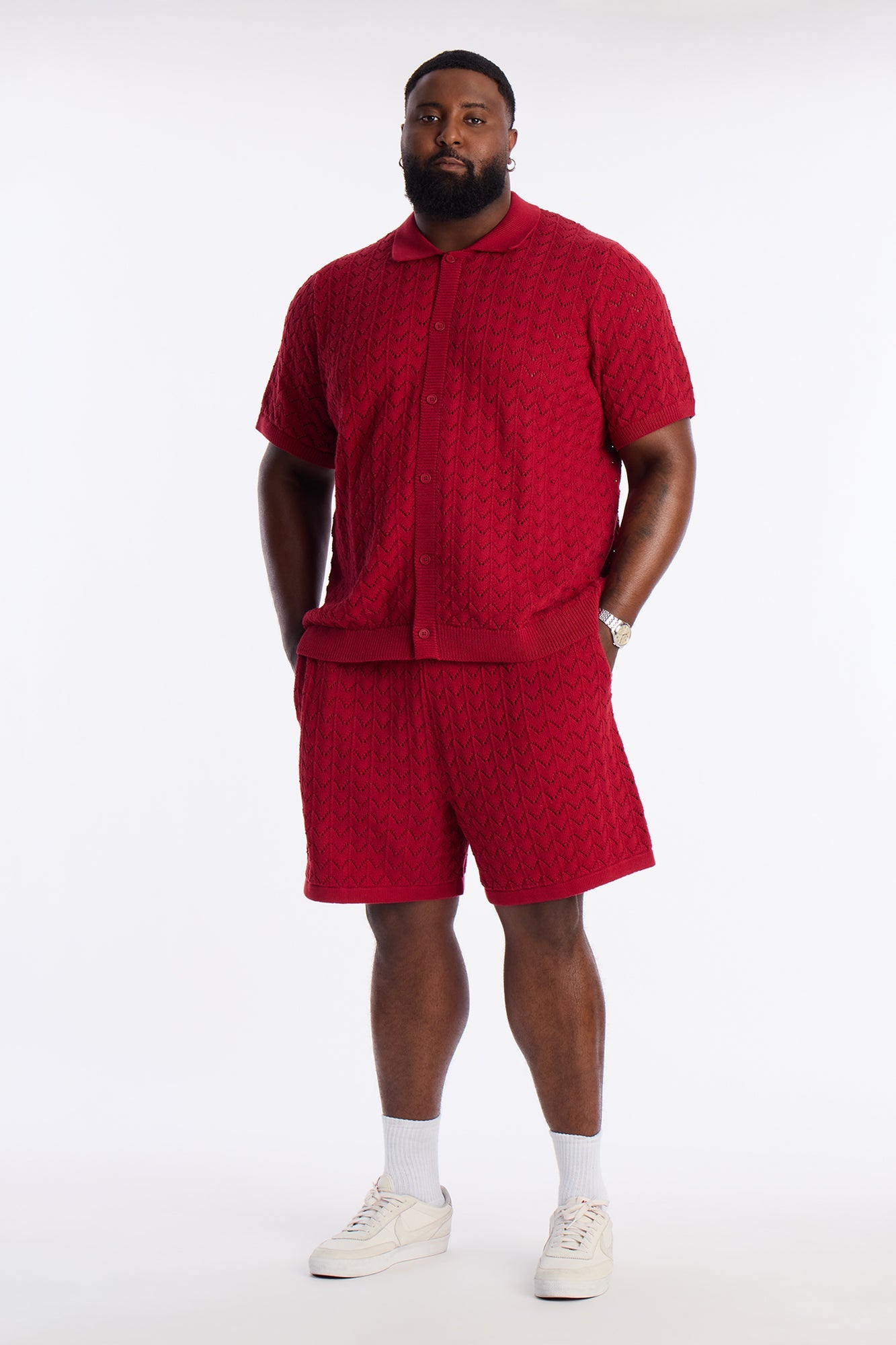 Waterfall Texture Open Knit Shorts - Burgundy Fashion Nova