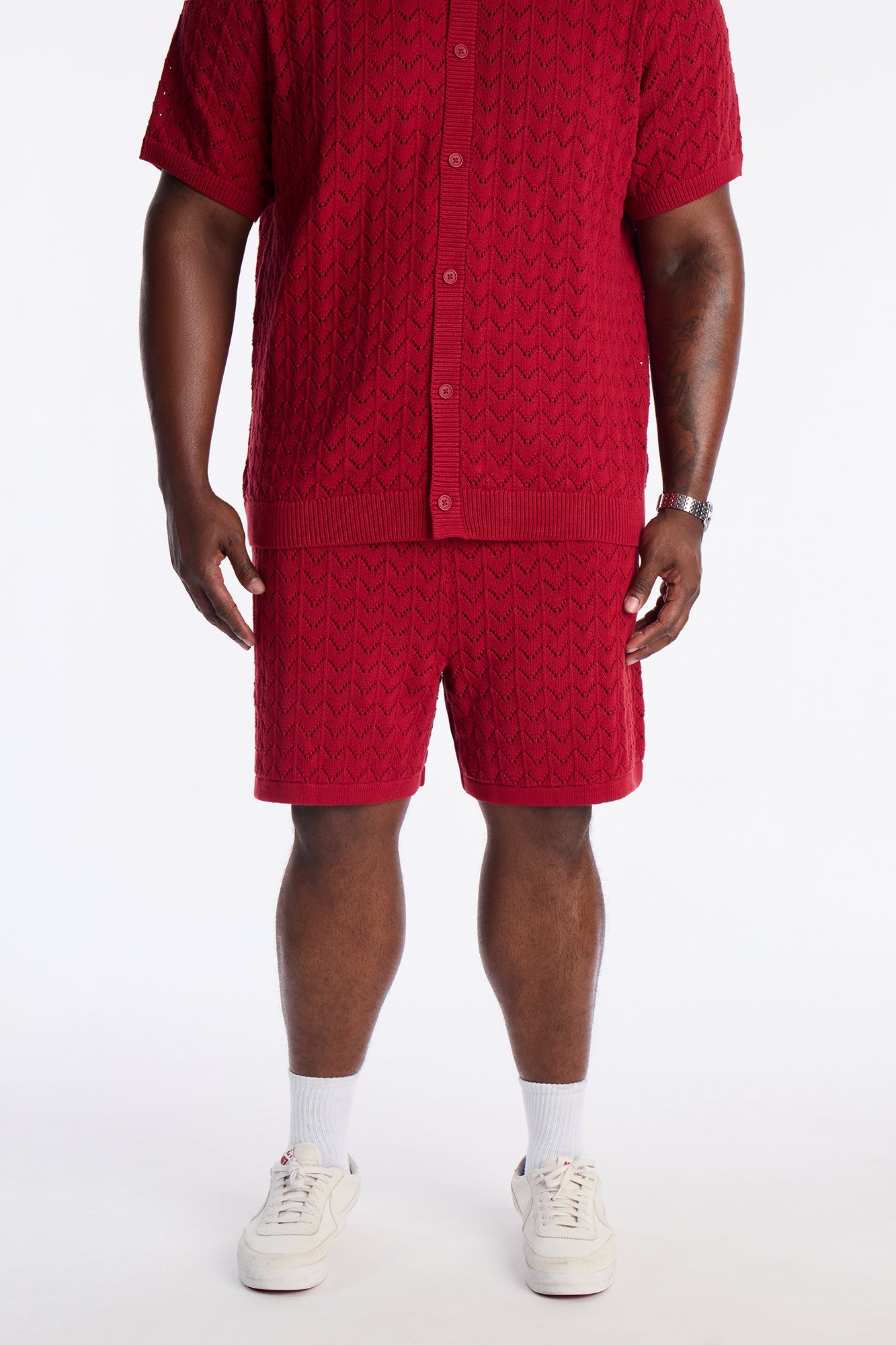 Waterfall Texture Open Knit Shorts - Burgundy Fashion Nova