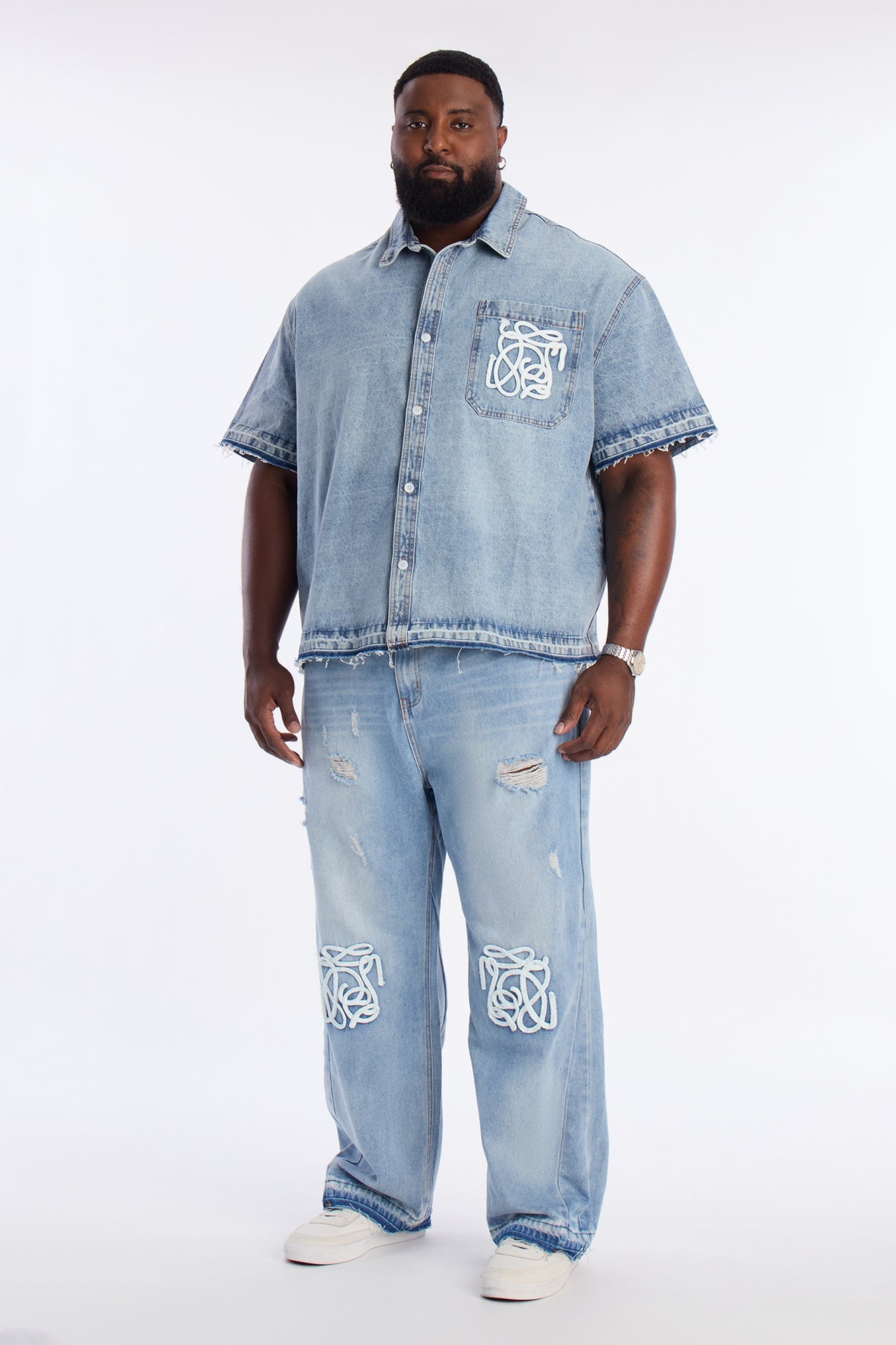 Baggy Coastal Applique Jean - Light Blue Wash Fashion Nova