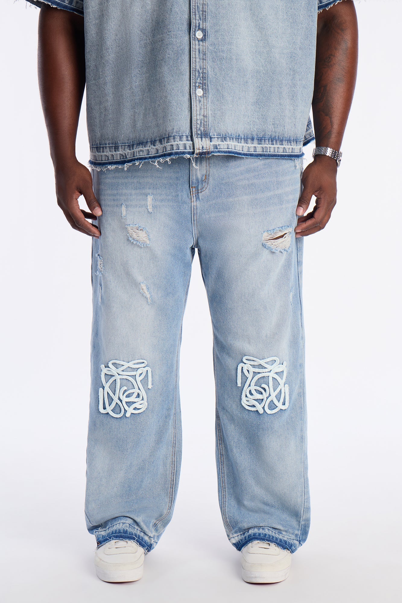 Baggy Coastal Applique Jean - Light Blue Wash Fashion Nova