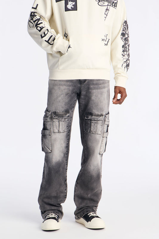 Stacked Slim Flare Enough Cargo Jean - Black Wash Fashion Nova