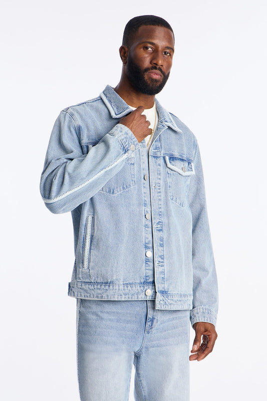 Crochet Denim Trucker Jacket - Light Blue Wash Fashion Nova