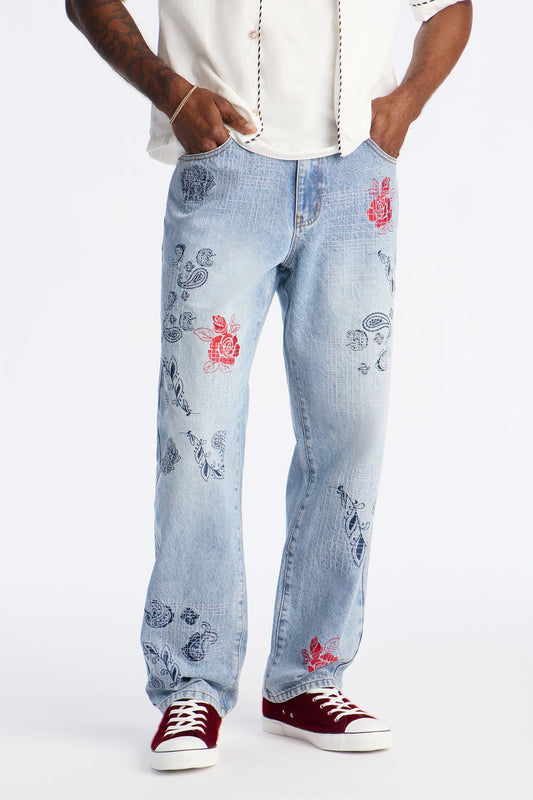Straight Roses With Stitches Embroidered Jean - Light Blue Wash Fashion Nova