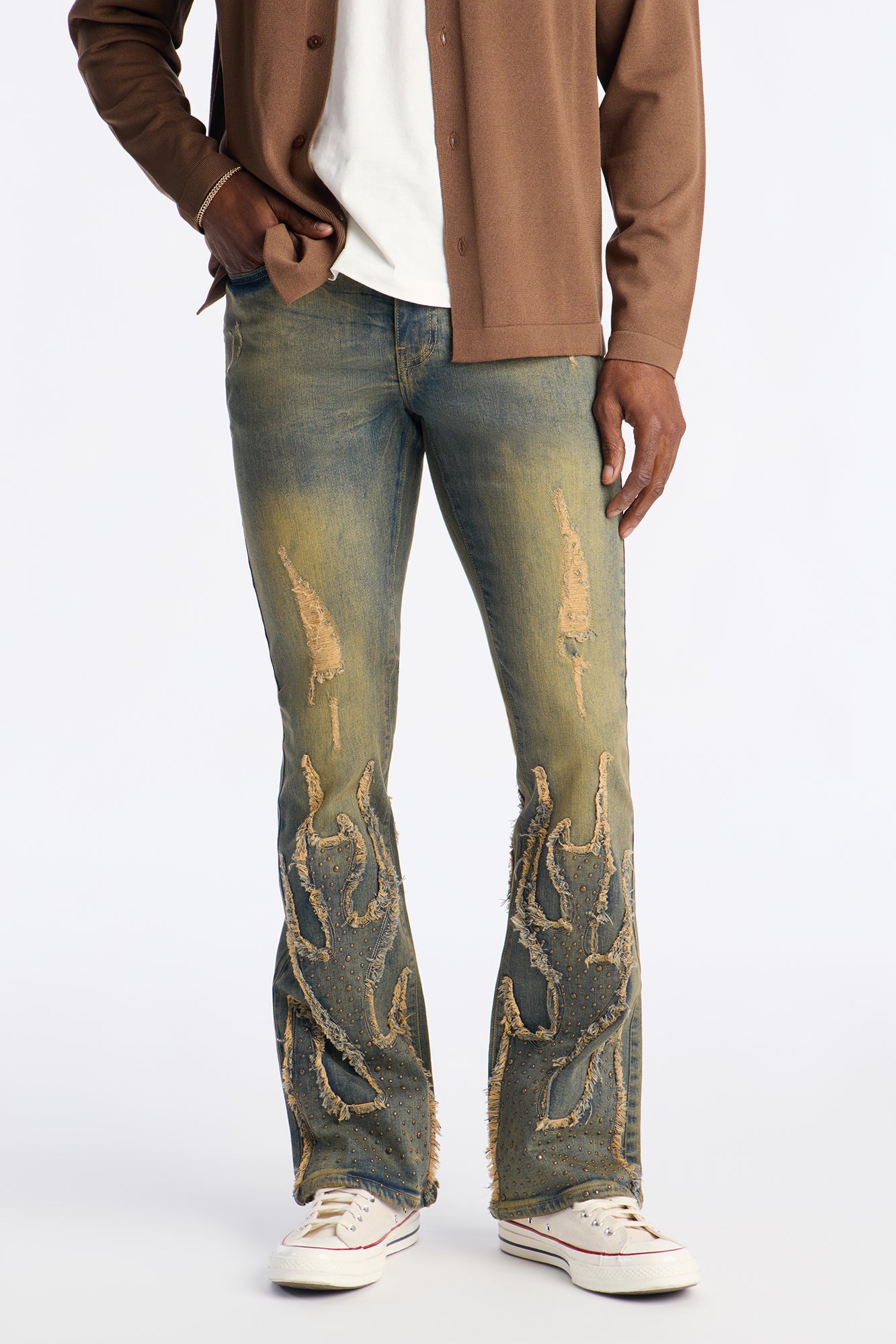 Stacked Skinny Flare Jeweled In Flames Jeans - Vintage Wash Fashion Nova
