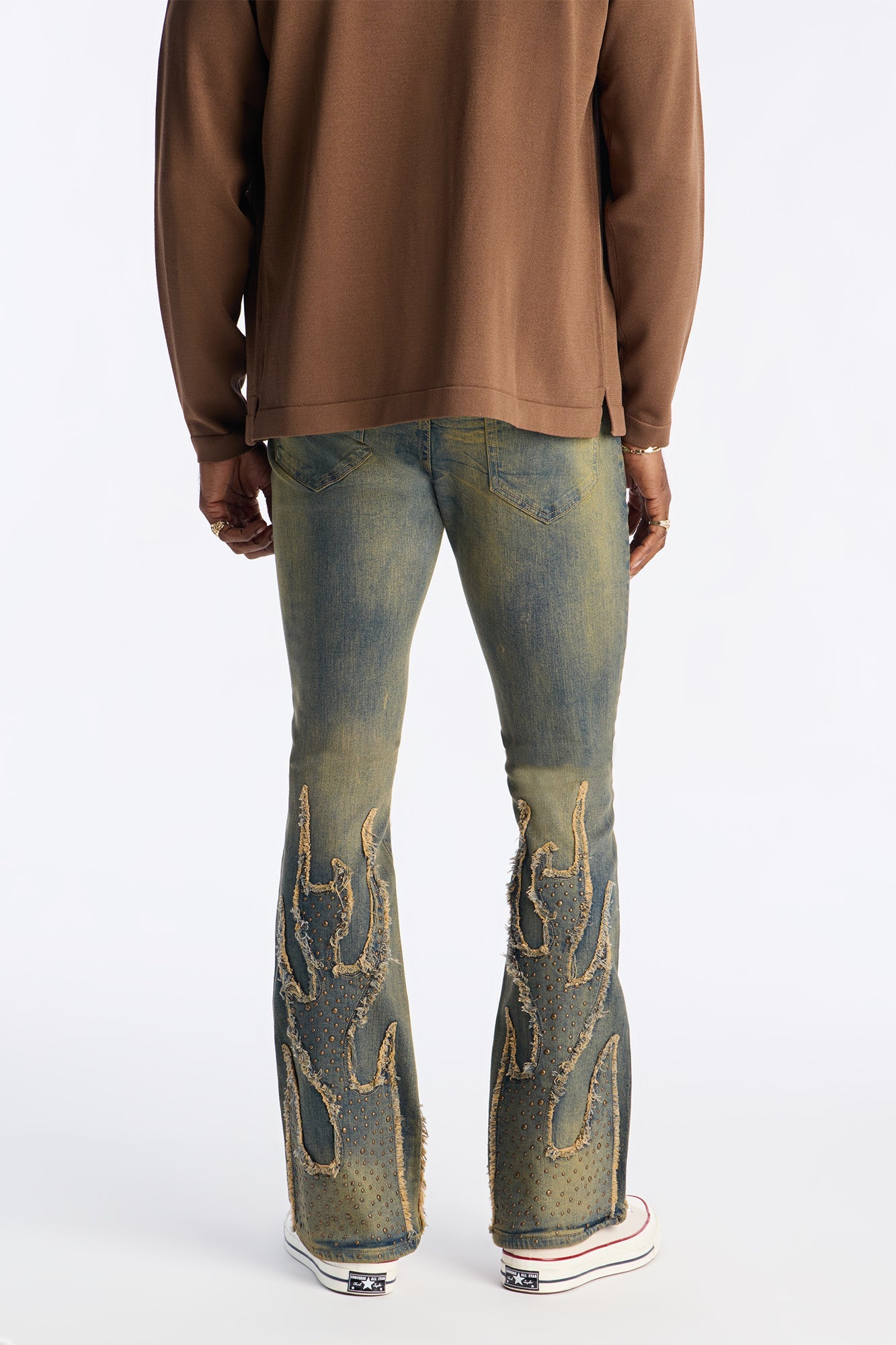 Stacked Skinny Flare Jeweled In Flames Jeans - Vintage Wash Fashion Nova