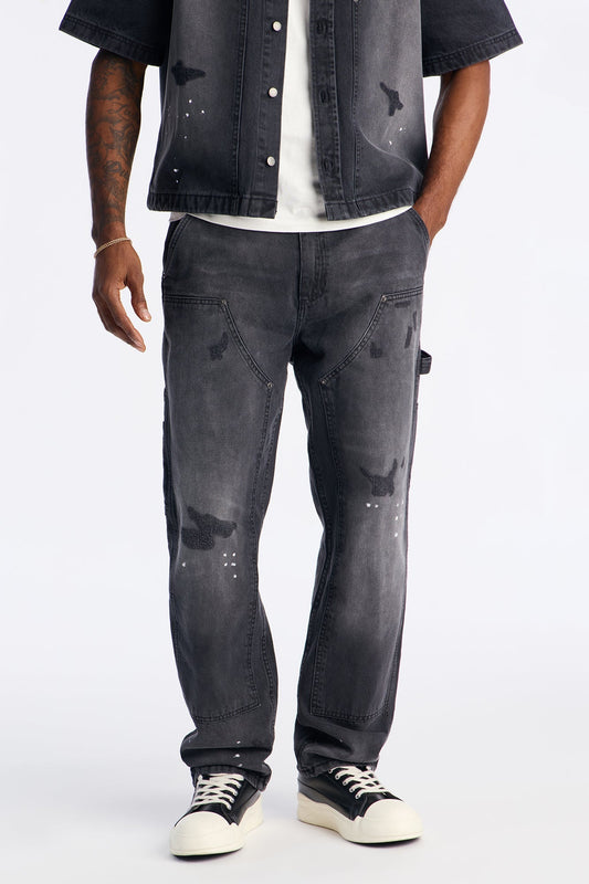 Straight Splatter Paint Distressed Carpenter Work Pant - Black Wash Fashion Nova