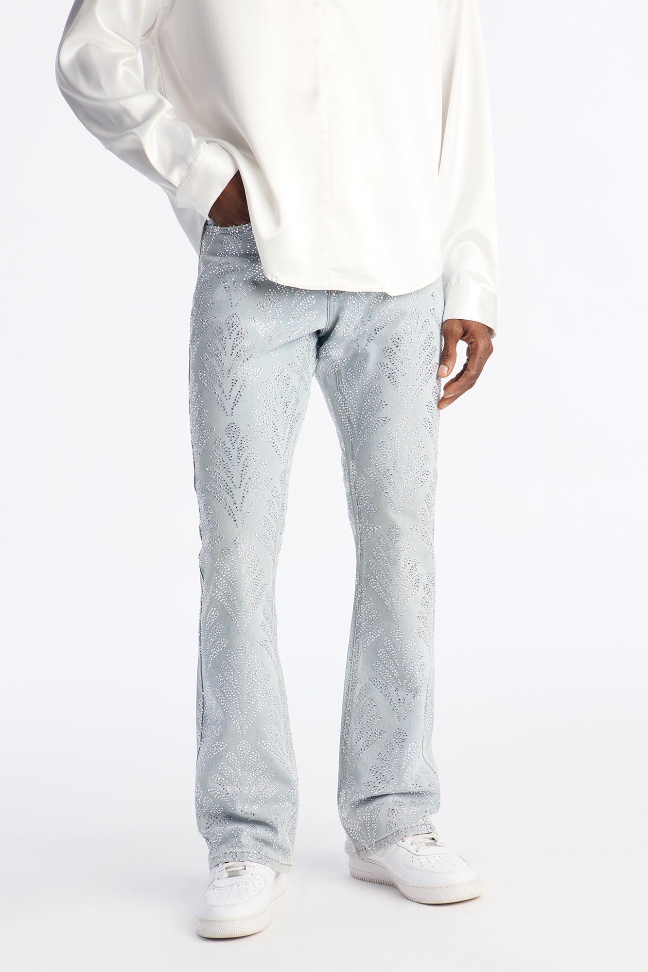 Stacked Skinny Flare Jeweled Bladeleaf Jean - Light Wash Fashion Nova