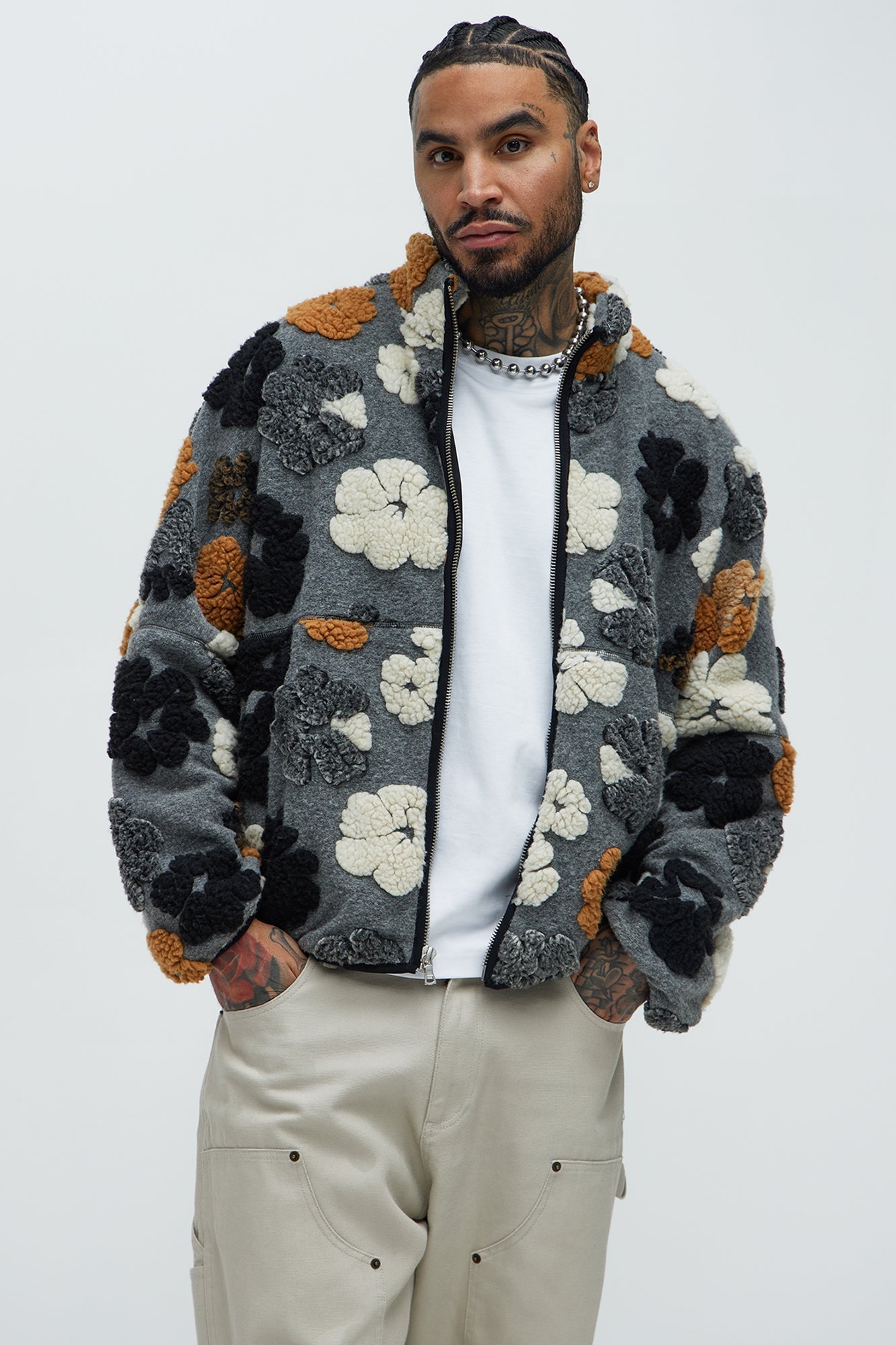 Sherpa Tears Oversized Zip Jacket - Grey/combo Fashion Nova