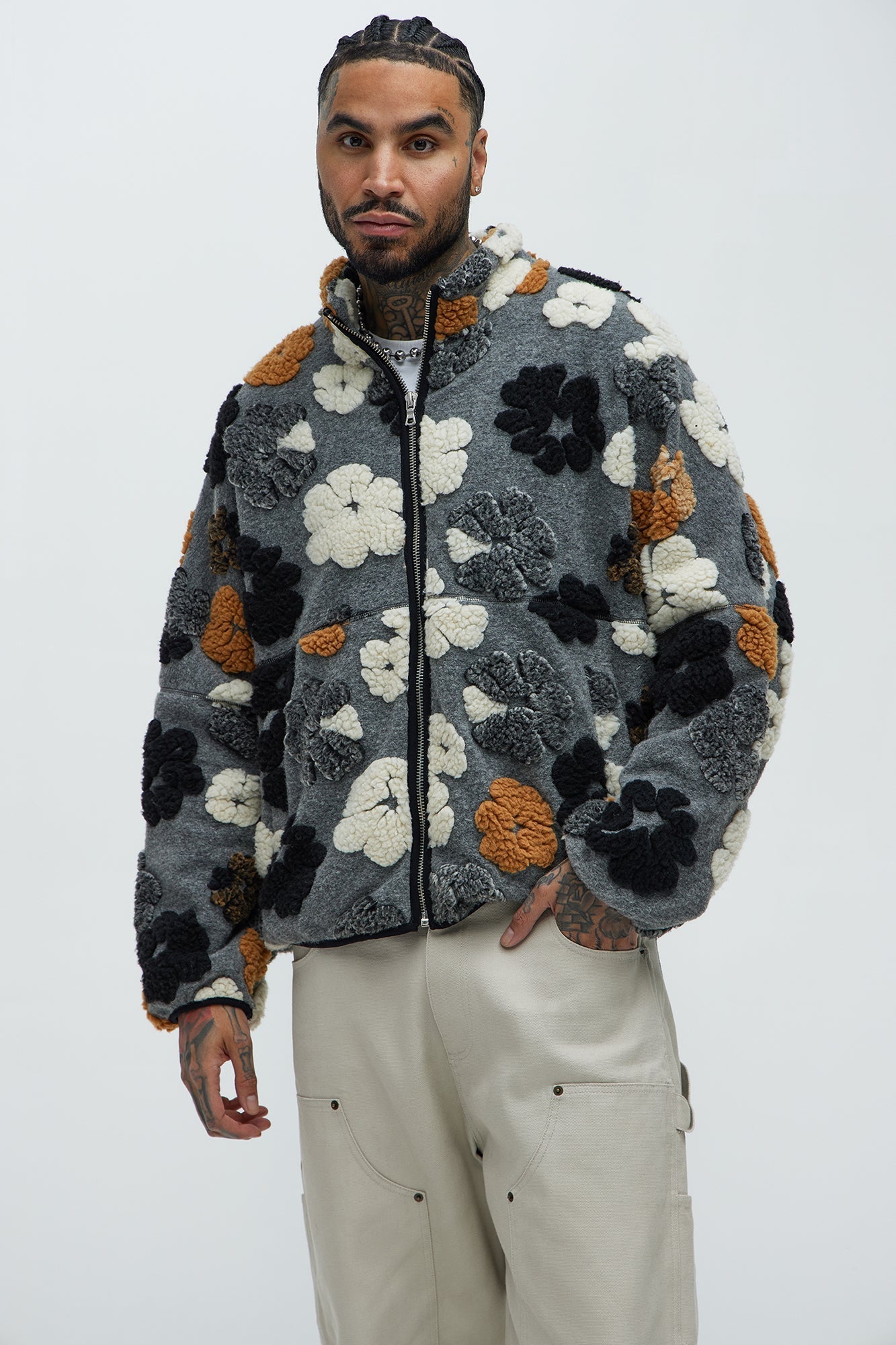 Sherpa Tears Oversized Zip Jacket - Grey/combo Fashion Nova