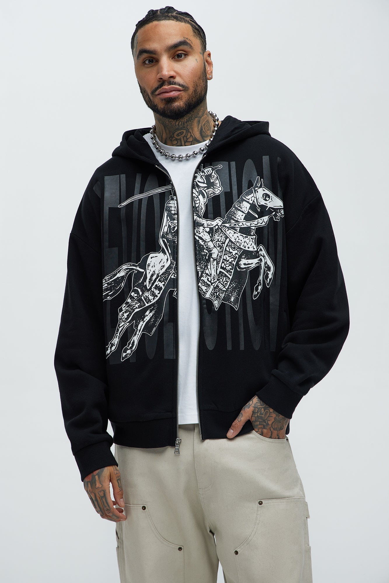 Tyson Crusader Printed Oversized Zip Hoodie - Black Fashion Nova