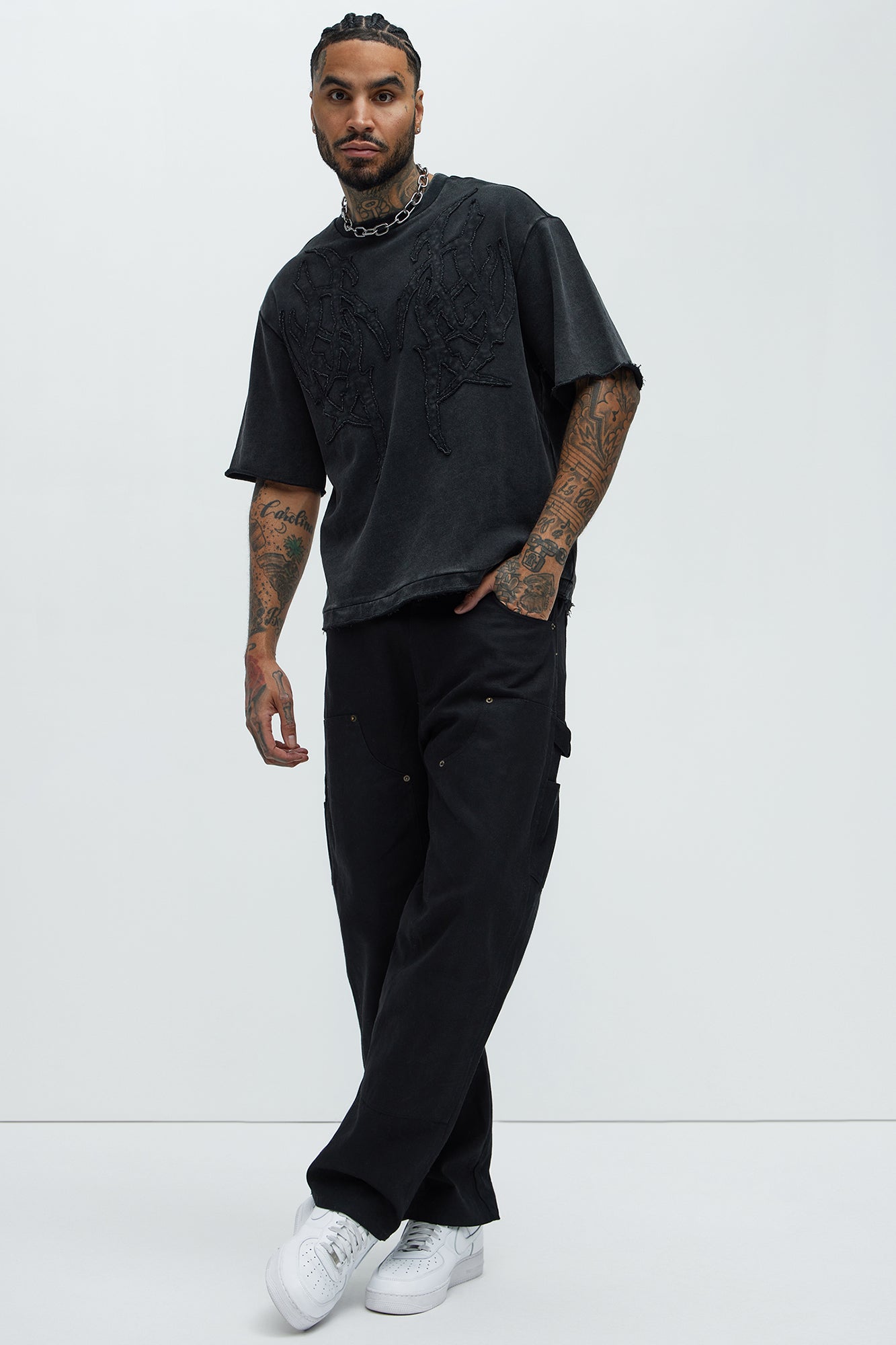 Tyson Rave Patched Heavy Wash Relaxed Tee - Black Wash Fashion Nova