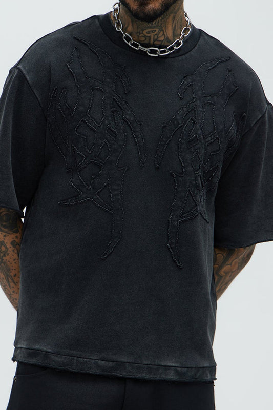 Tyson Rave Patched Heavy Wash Relaxed Tee - Black Wash Fashion Nova