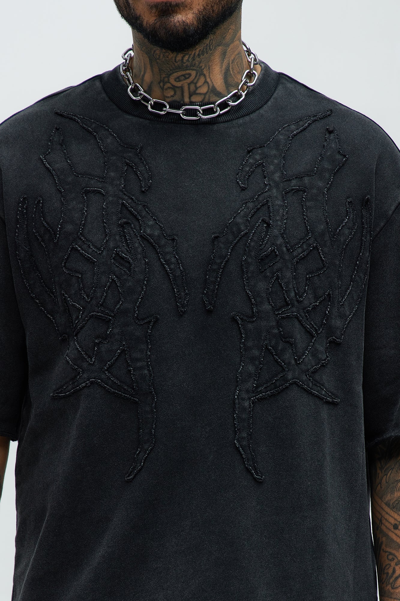 Tyson Rave Patched Heavy Wash Relaxed Tee - Black Wash Fashion Nova