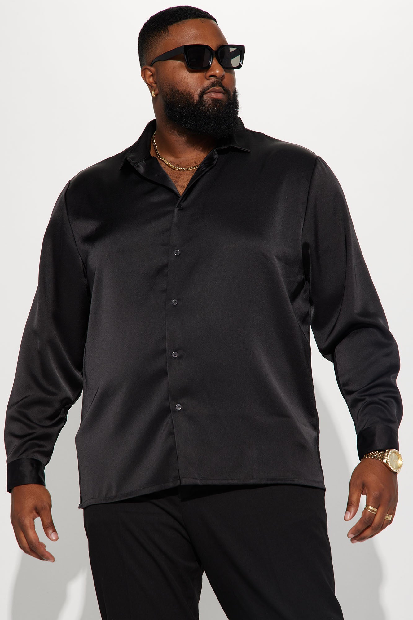 Links Satin Long Sleeve Button Up Shirt - Black Fashion Nova