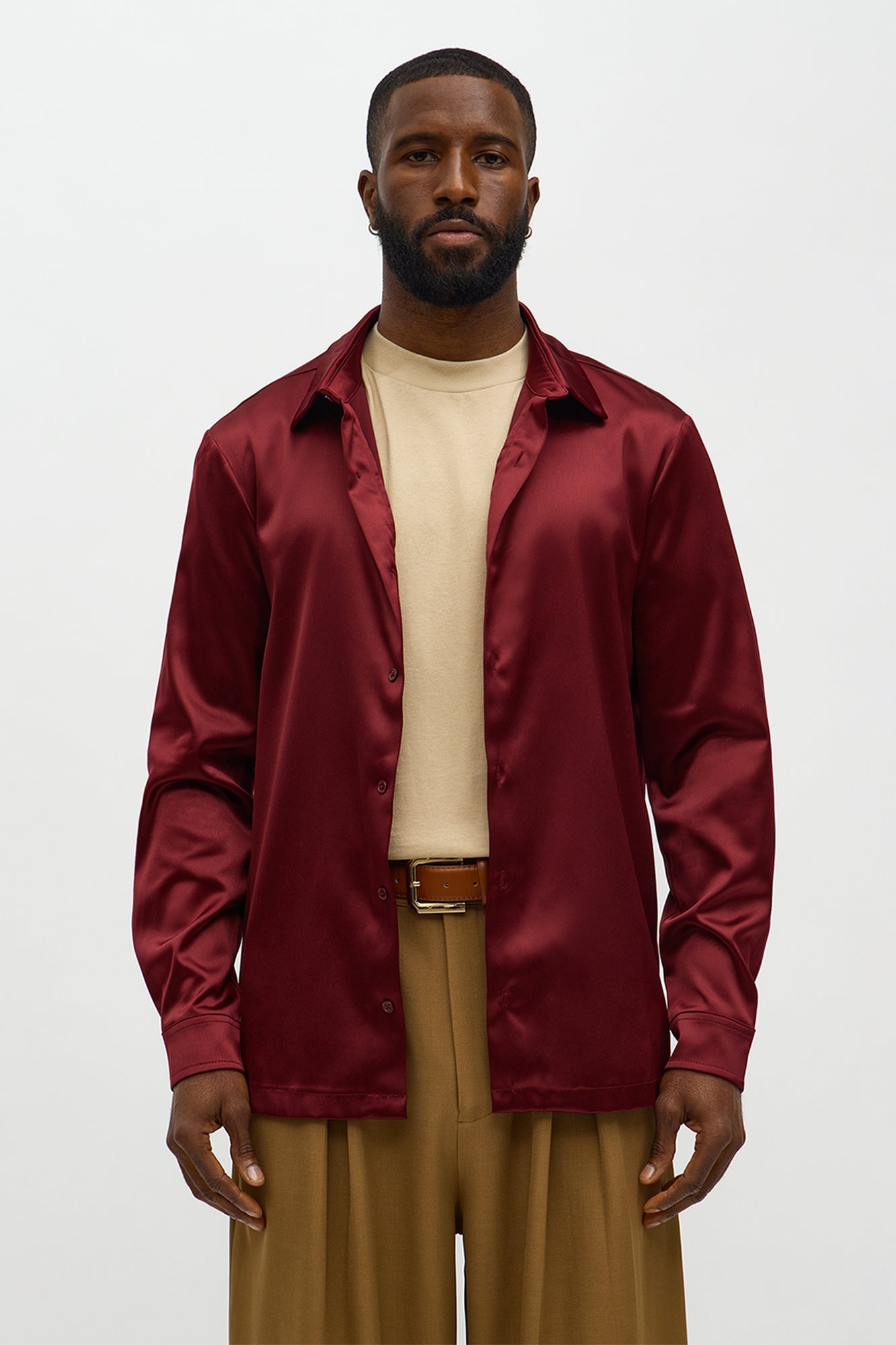 Links Satin Long Sleeve Button Up Shirt - Burgundy Fashion Nova