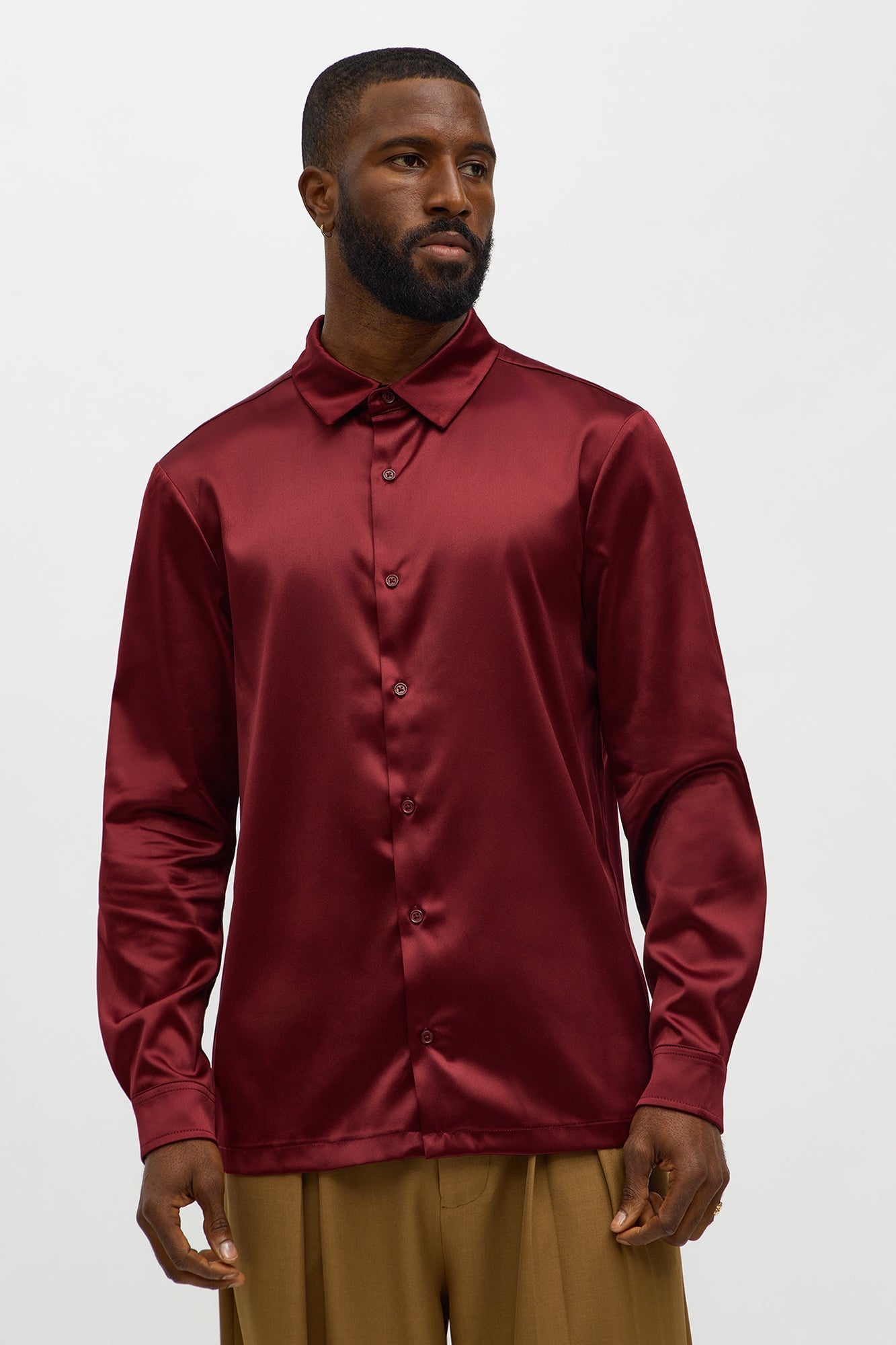 Links Satin Long Sleeve Button Up Shirt - Burgundy Fashion Nova