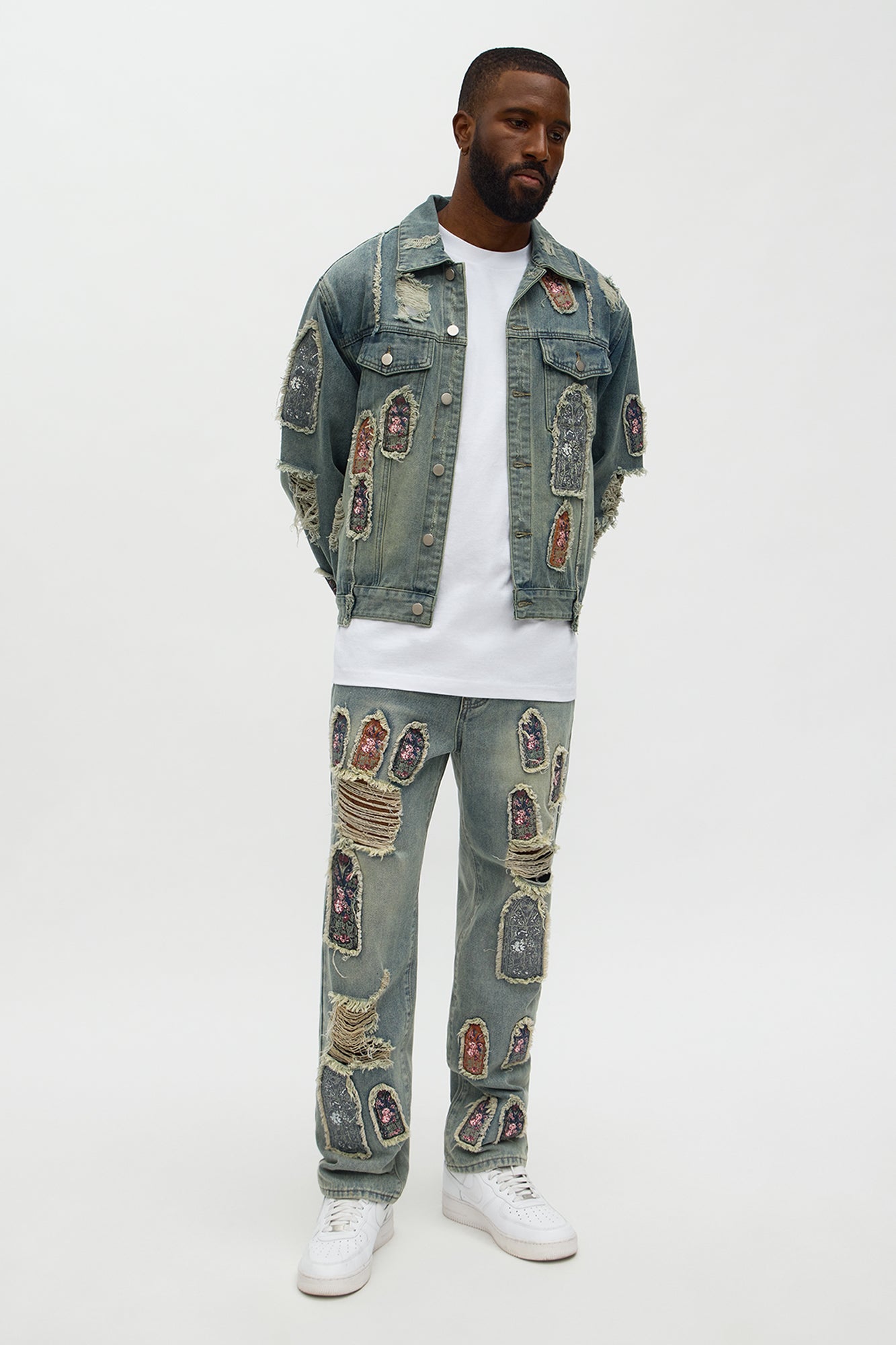 Holy Windows Patched Distressed Denim Trucker Jacket - Vintage Blue Wash Fashion Nova