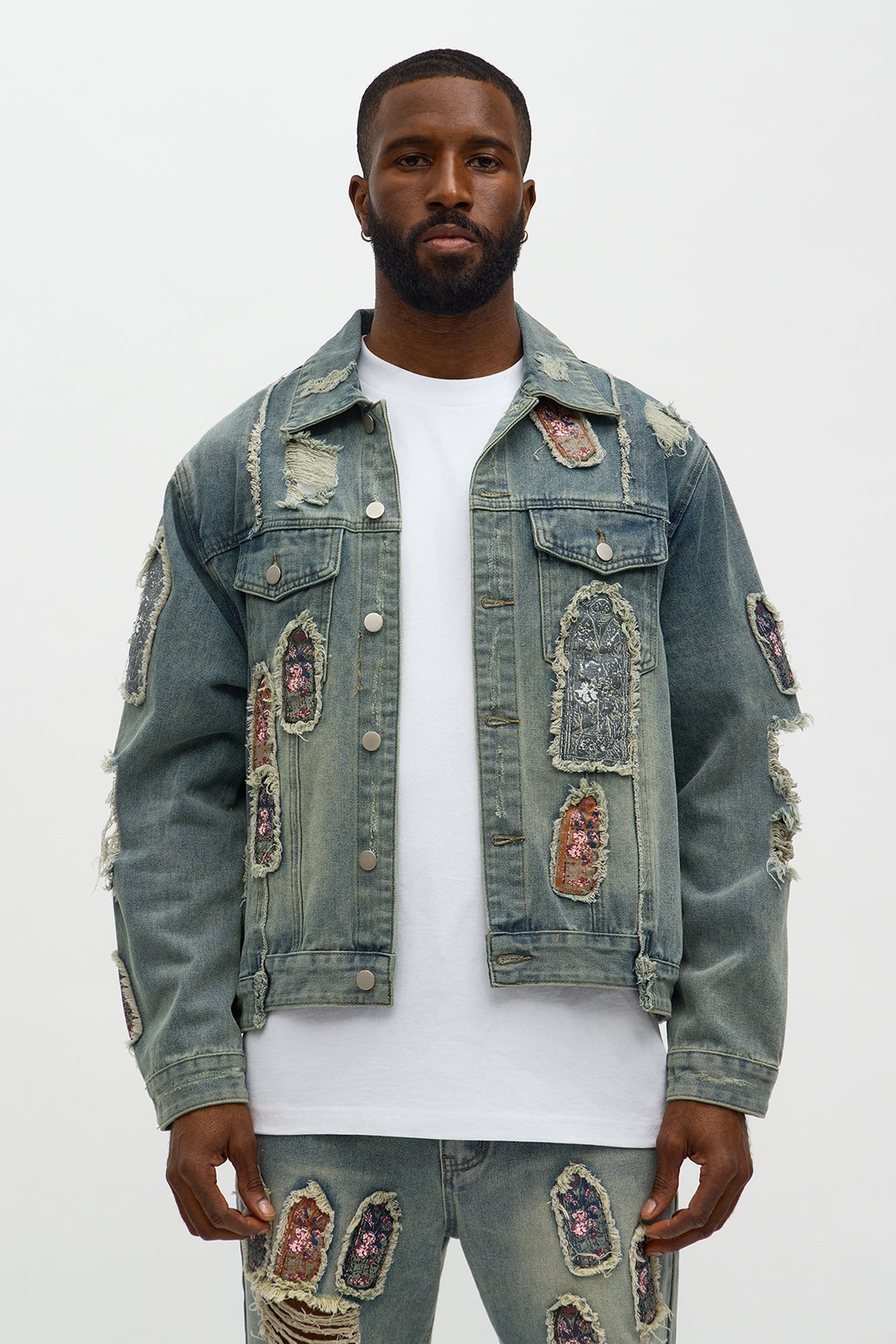 Holy Windows Patched Distressed Denim Trucker Jacket - Vintage Blue Wash Fashion Nova