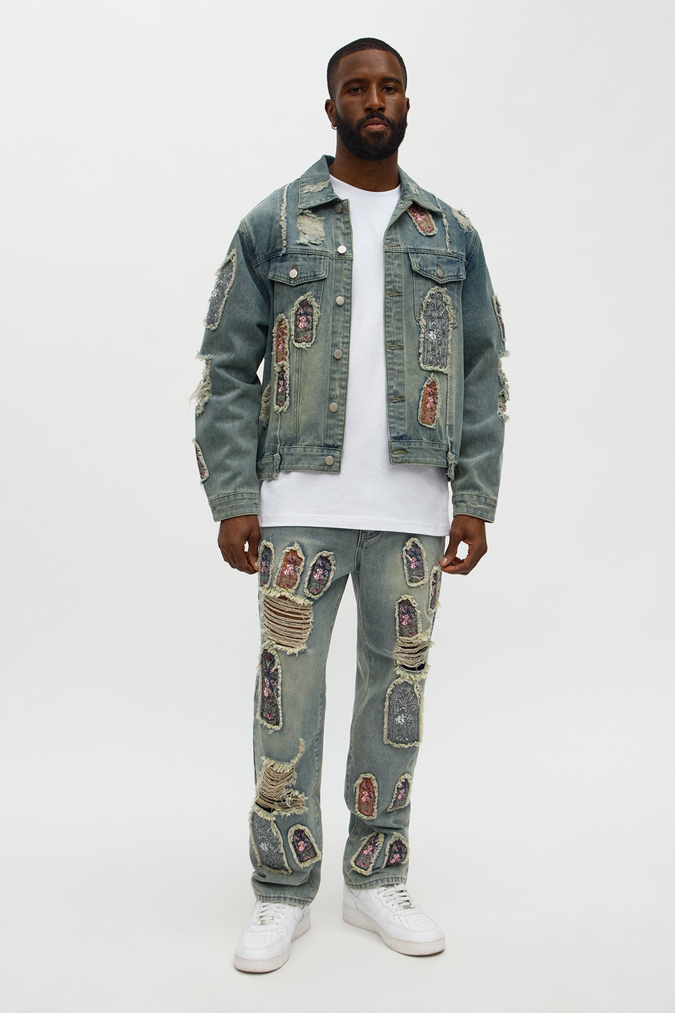 Relaxed Straight Holy Windows Patched Distressed Jean - Vintage Blue Wash Fashion Nova