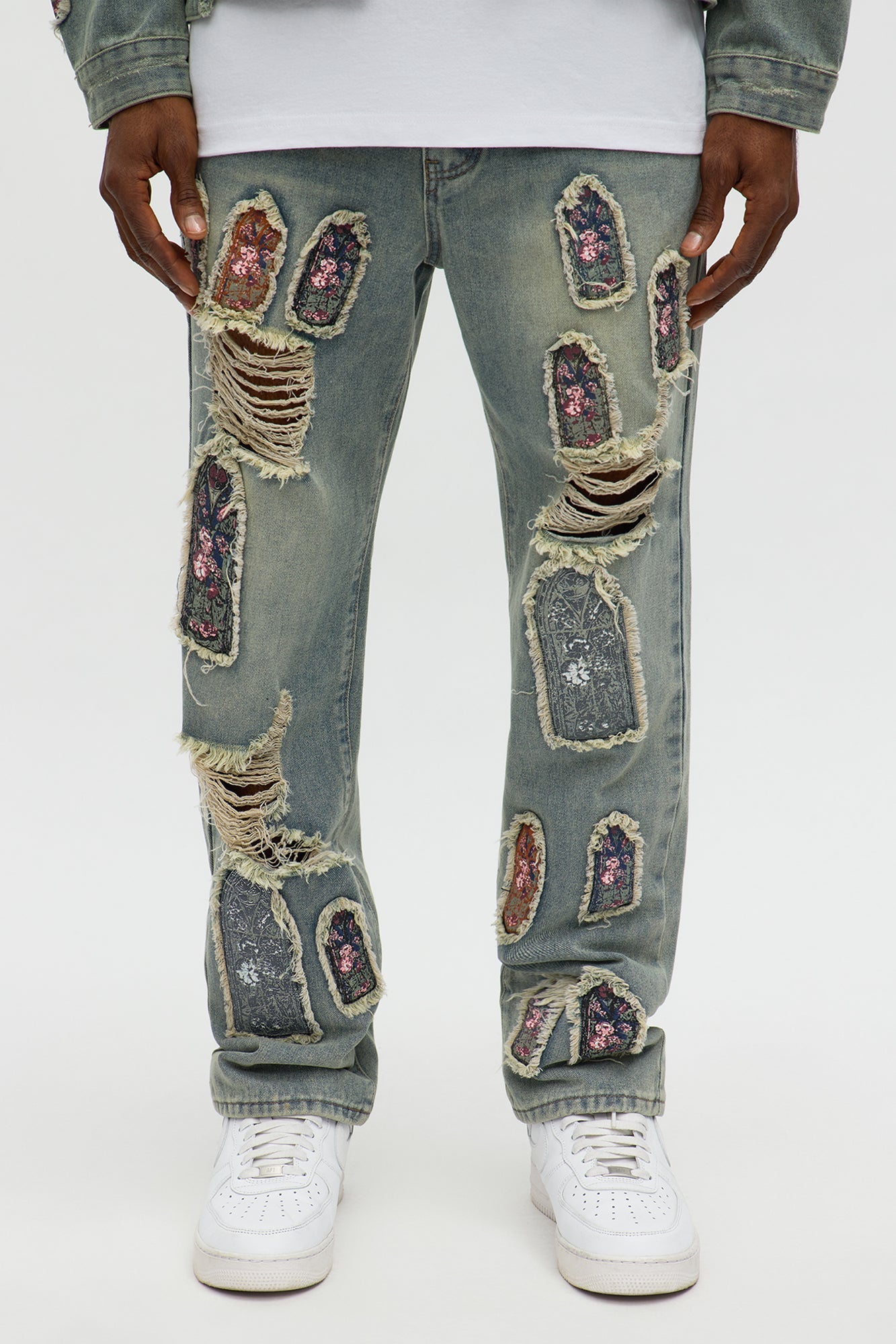 Relaxed Straight Holy Windows Patched Distressed Jean - Vintage Blue Wash Fashion Nova